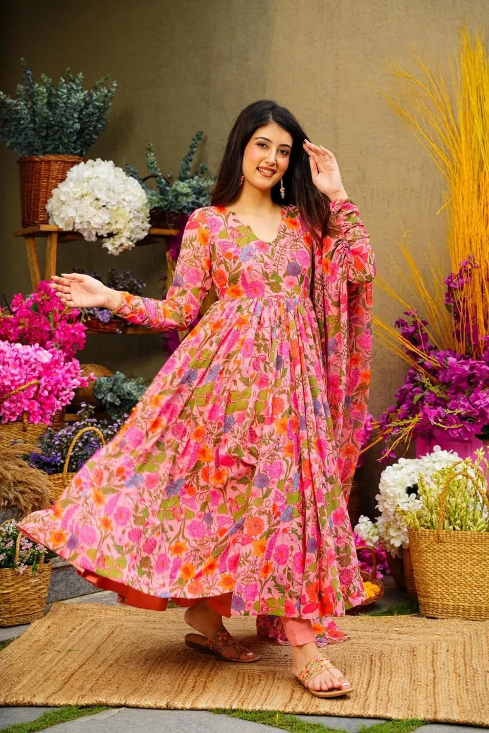 Georgette Lace Work Printed flared Kurta Pant With Dupatta Set