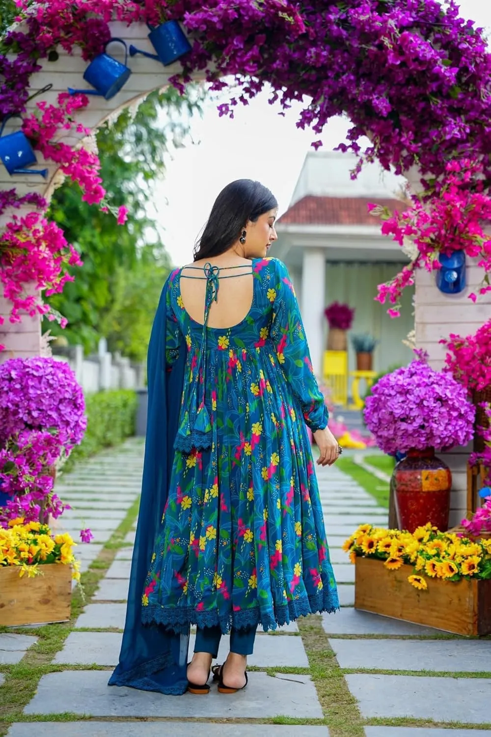 Georgette Lace Work Printed flared Kurta Pant With Dupatta Set