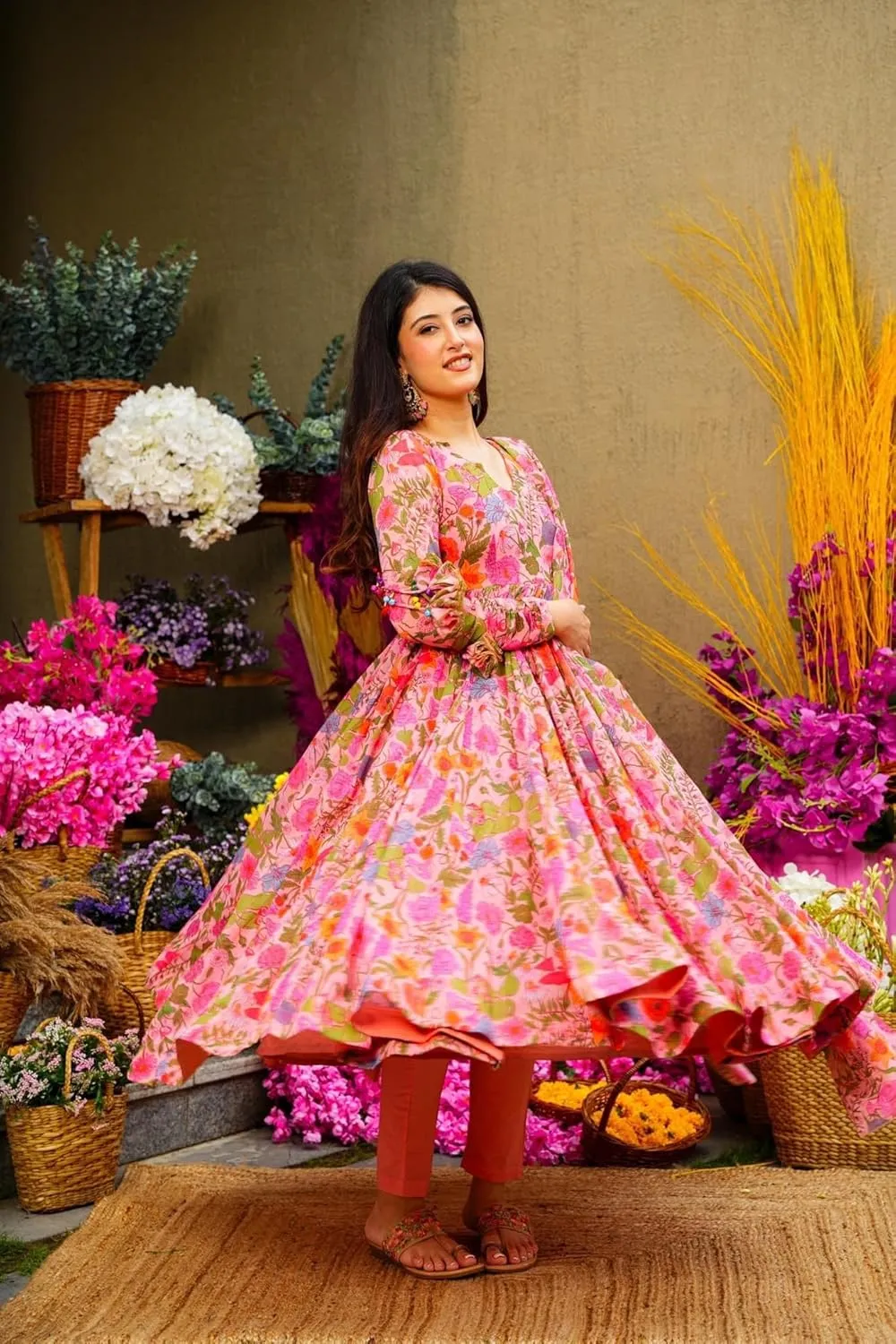 Georgette Lace Work Printed flared Kurta Pant With Dupatta Set