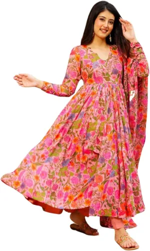 Georgette Lace Work Printed flared Kurta Pant With Dupatta Set