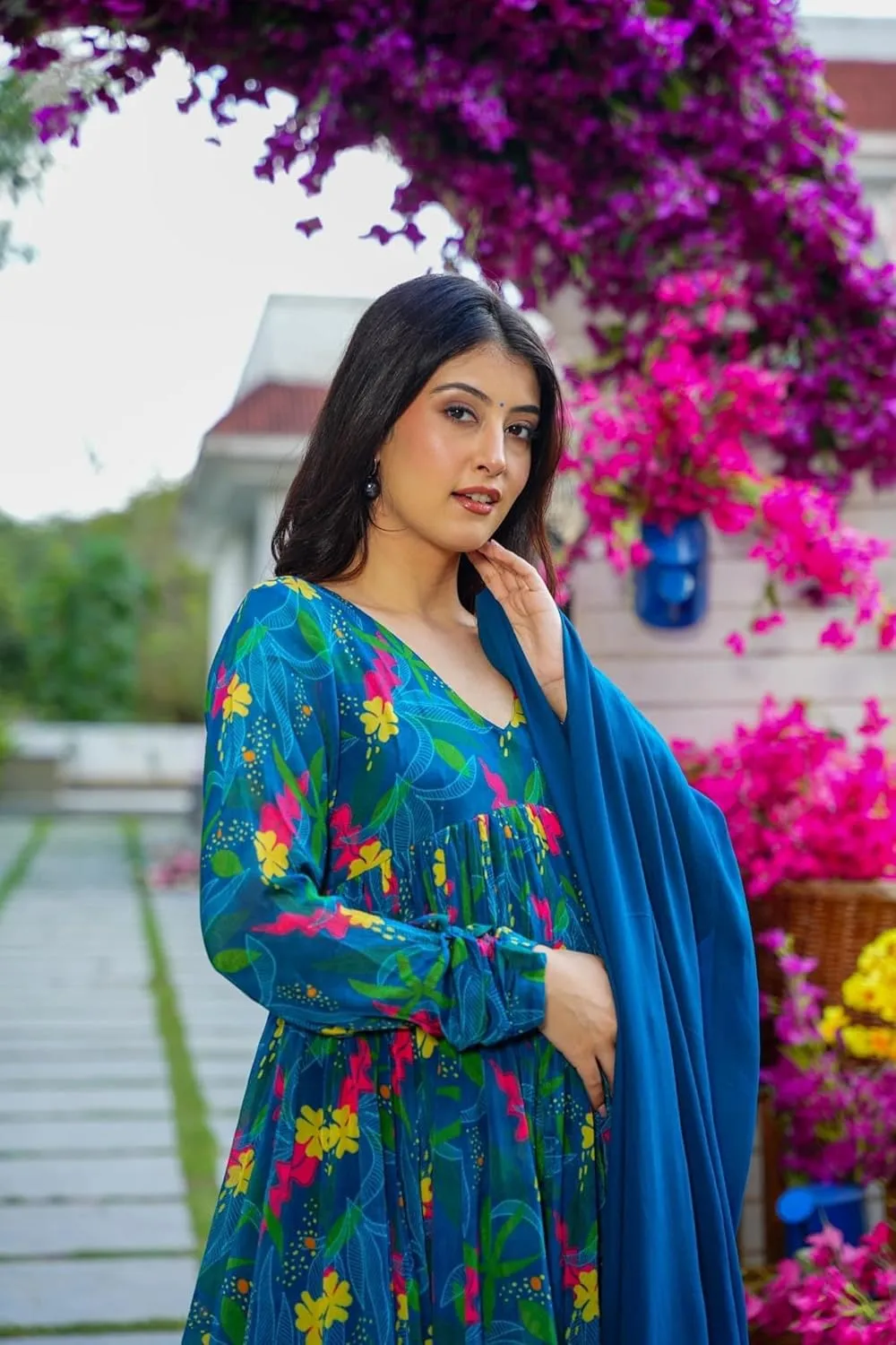 Georgette Lace Work Printed flared Kurta Pant With Dupatta Set