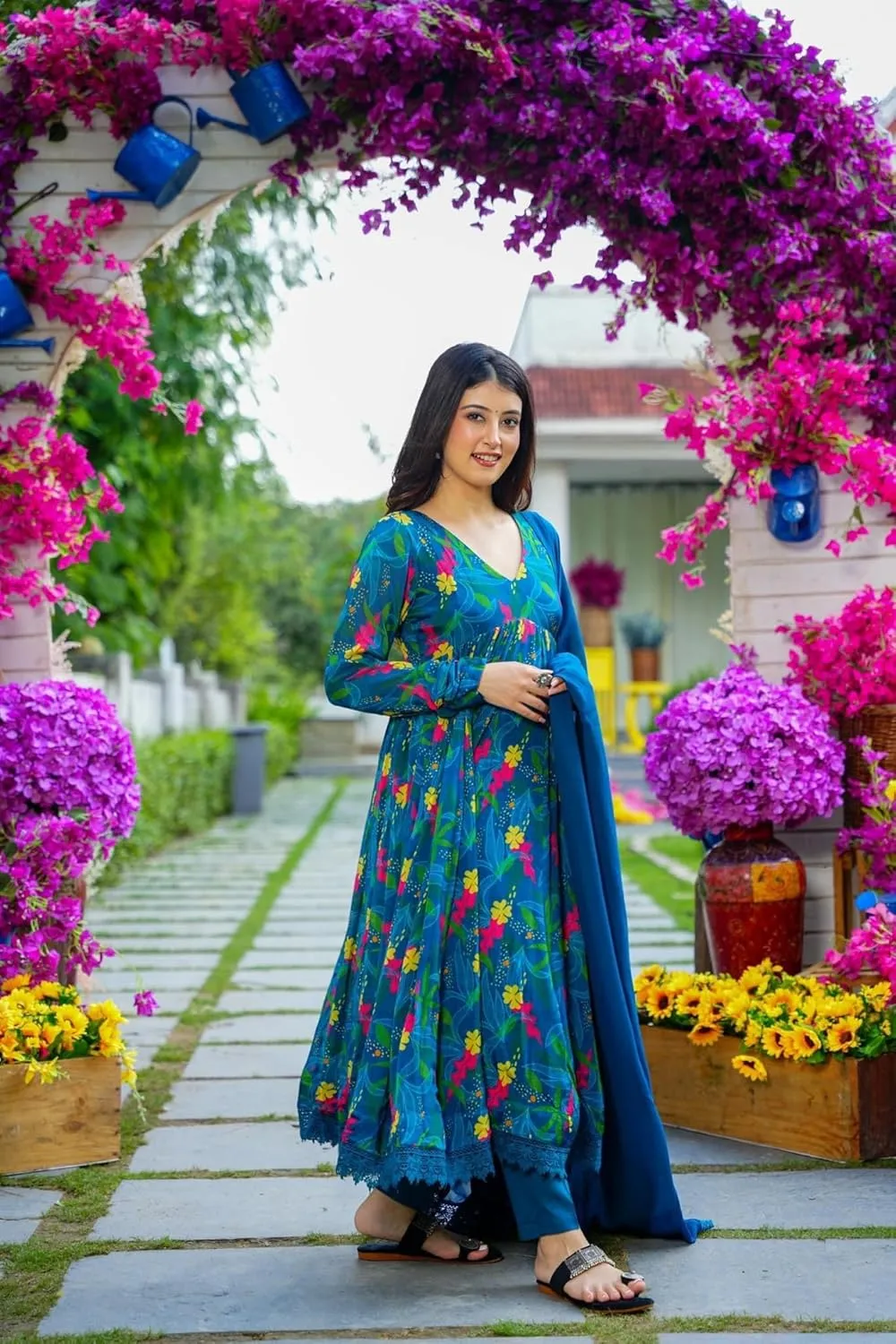 Georgette Lace Work Printed flared Kurta Pant With Dupatta Set
