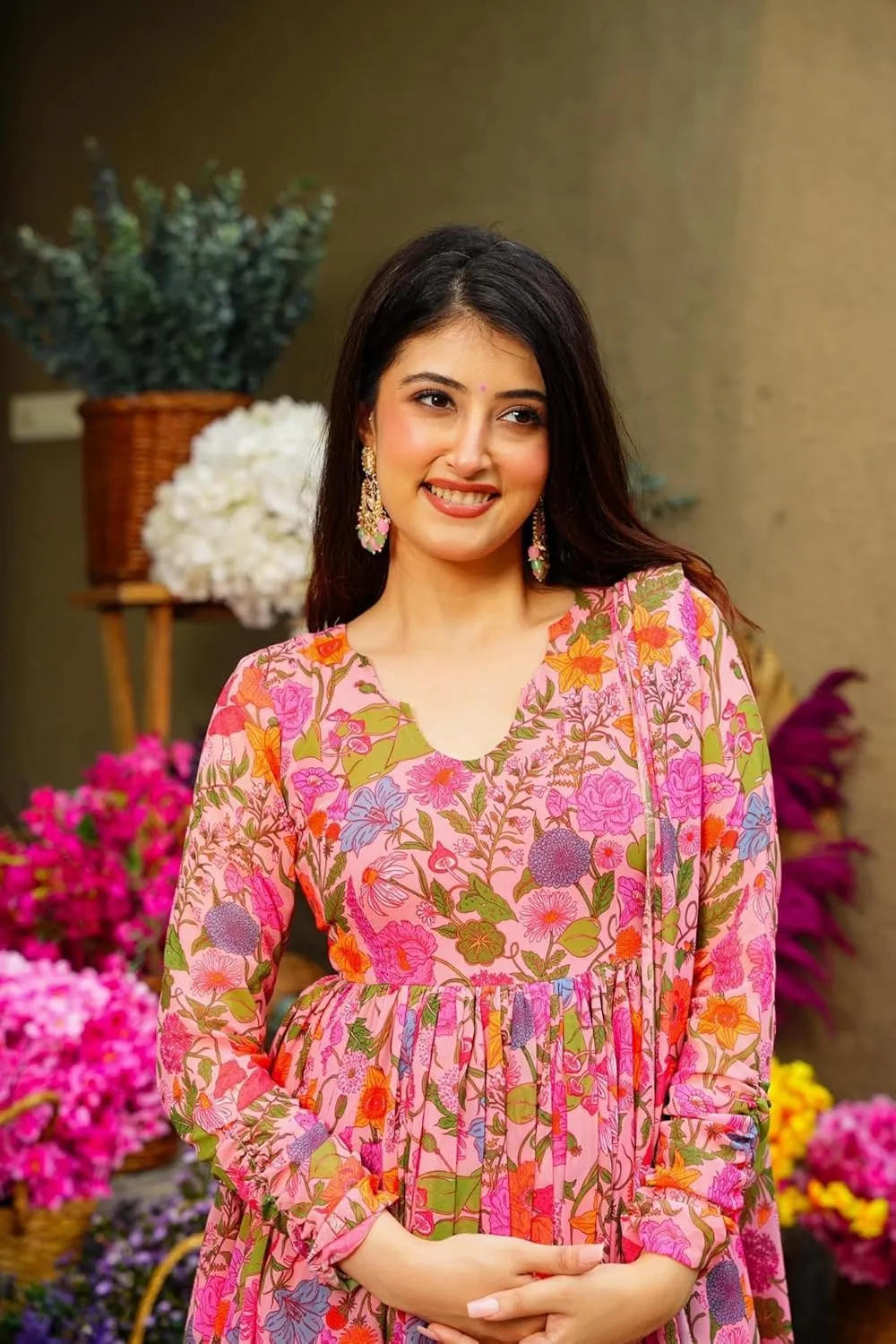 Georgette Lace Work Printed flared Kurta Pant With Dupatta Set