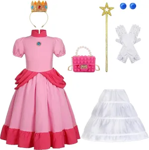 Girls Princess Costume Dress with Crown Gloves Wand Handbag, Funny Kids Super Bros Theme Party Halloween Outfits