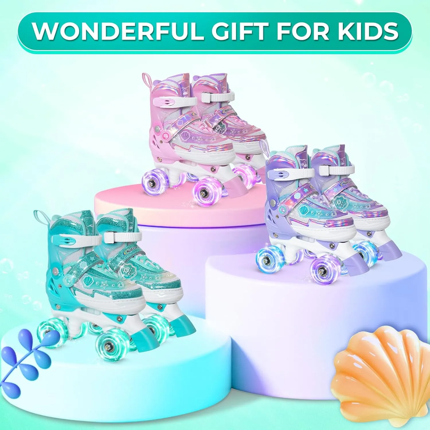Girls Roller Skates for Kids, Light up Adjustable Rollerskates for Boys, Purple Pink Teal Skates for Toddler, Shine Fun Illuminating Roller Skates for Girls Beginners