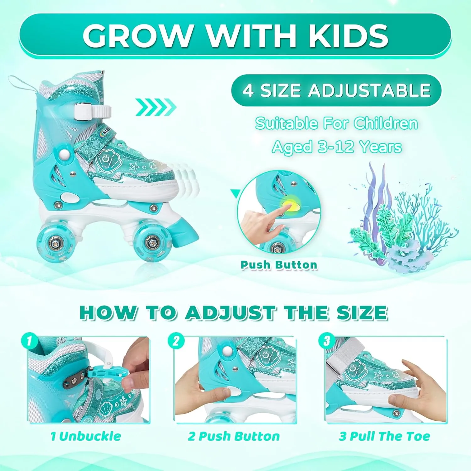 Girls Roller Skates for Kids, Light up Adjustable Rollerskates for Boys, Purple Pink Teal Skates for Toddler, Shine Fun Illuminating Roller Skates for Girls Beginners