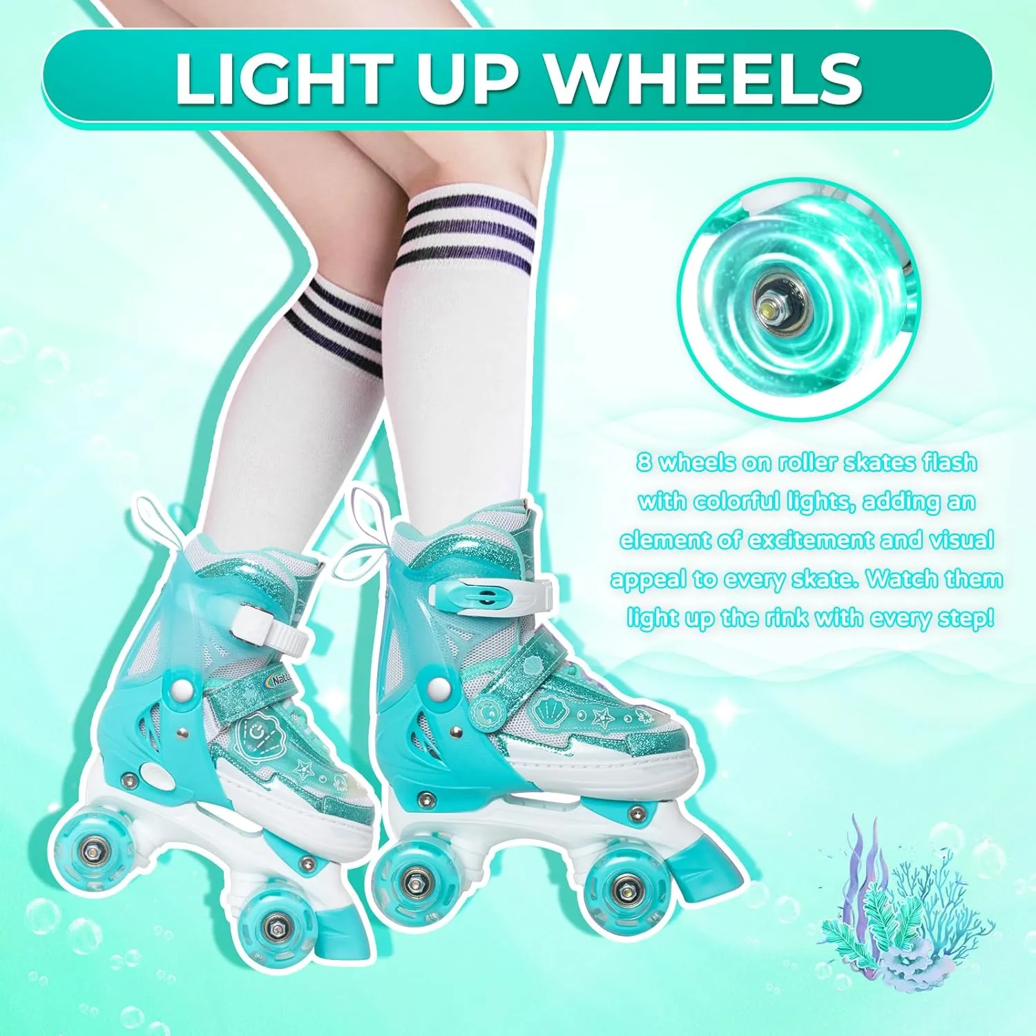 Girls Roller Skates for Kids, Light up Adjustable Rollerskates for Boys, Purple Pink Teal Skates for Toddler, Shine Fun Illuminating Roller Skates for Girls Beginners