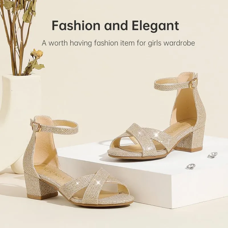 Girls Sandals Open Toe High Heels Fancy Dress Shoes Ankle Strap Chunky Block Heels Flower Girls Wedding Party Dressy Shoes for Toddler Little Big Kids
