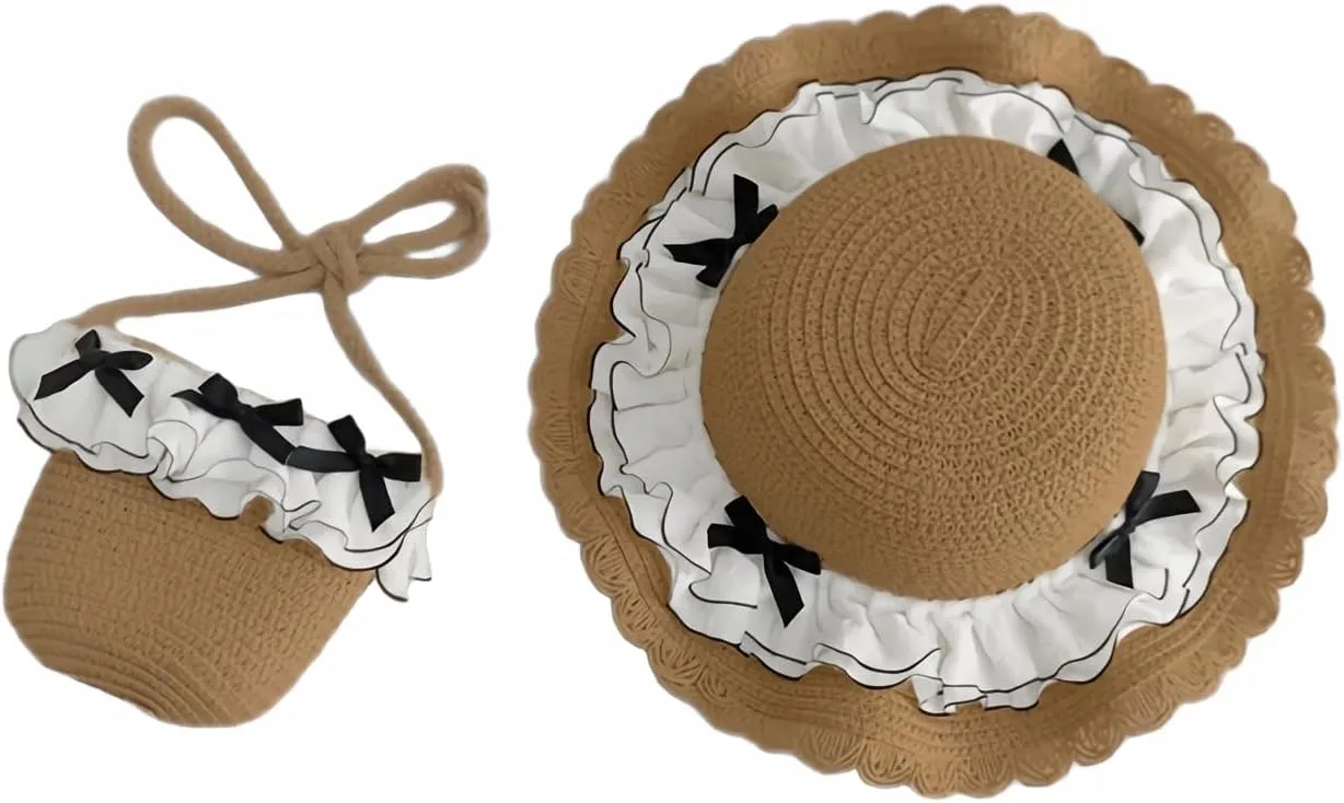 Girls Straw Hat Purse Bag Set Cute Summer Beach Sun Hat with Chin Strap Princess Shoulder Crossbody Bag
