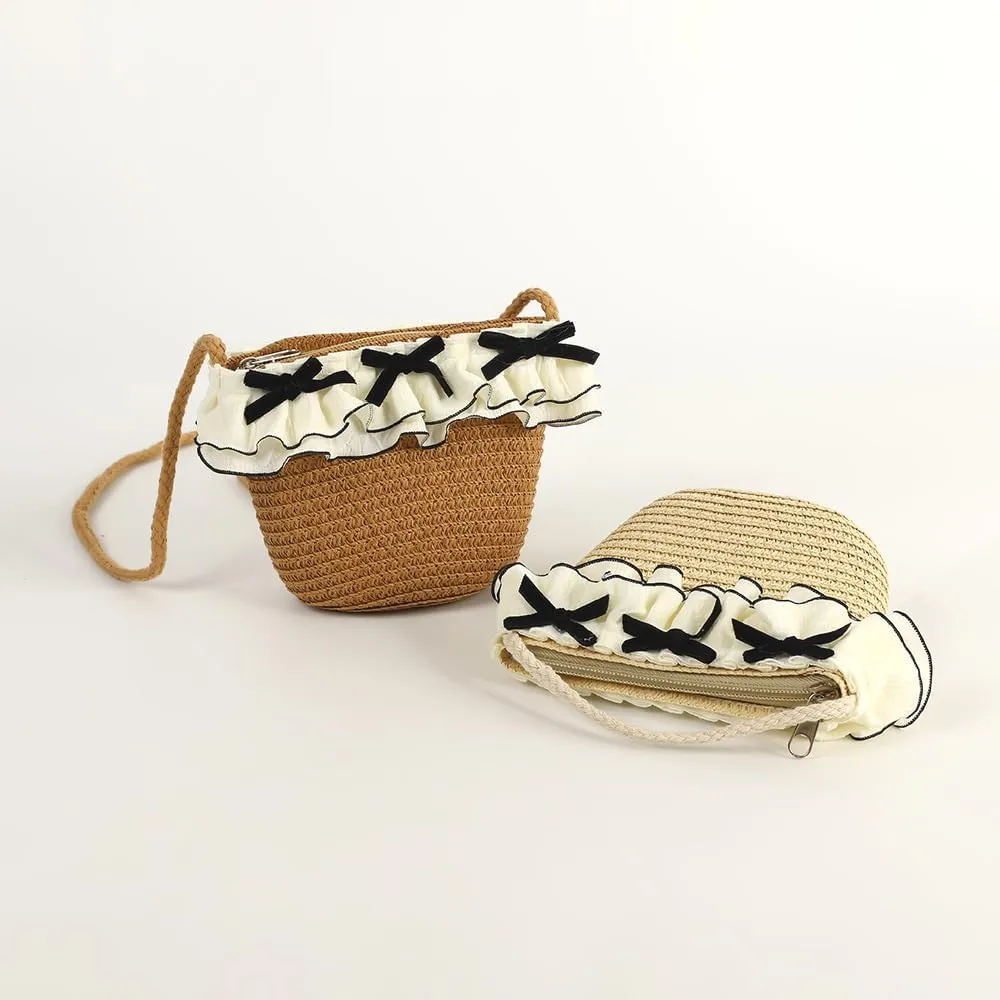 Girls Straw Hat Purse Bag Set Cute Summer Beach Sun Hat with Chin Strap Princess Shoulder Crossbody Bag
