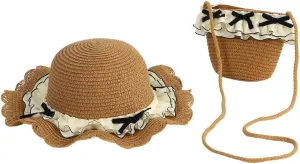 Girls Straw Hat Purse Bag Set Cute Summer Beach Sun Hat with Chin Strap Princess Shoulder Crossbody Bag