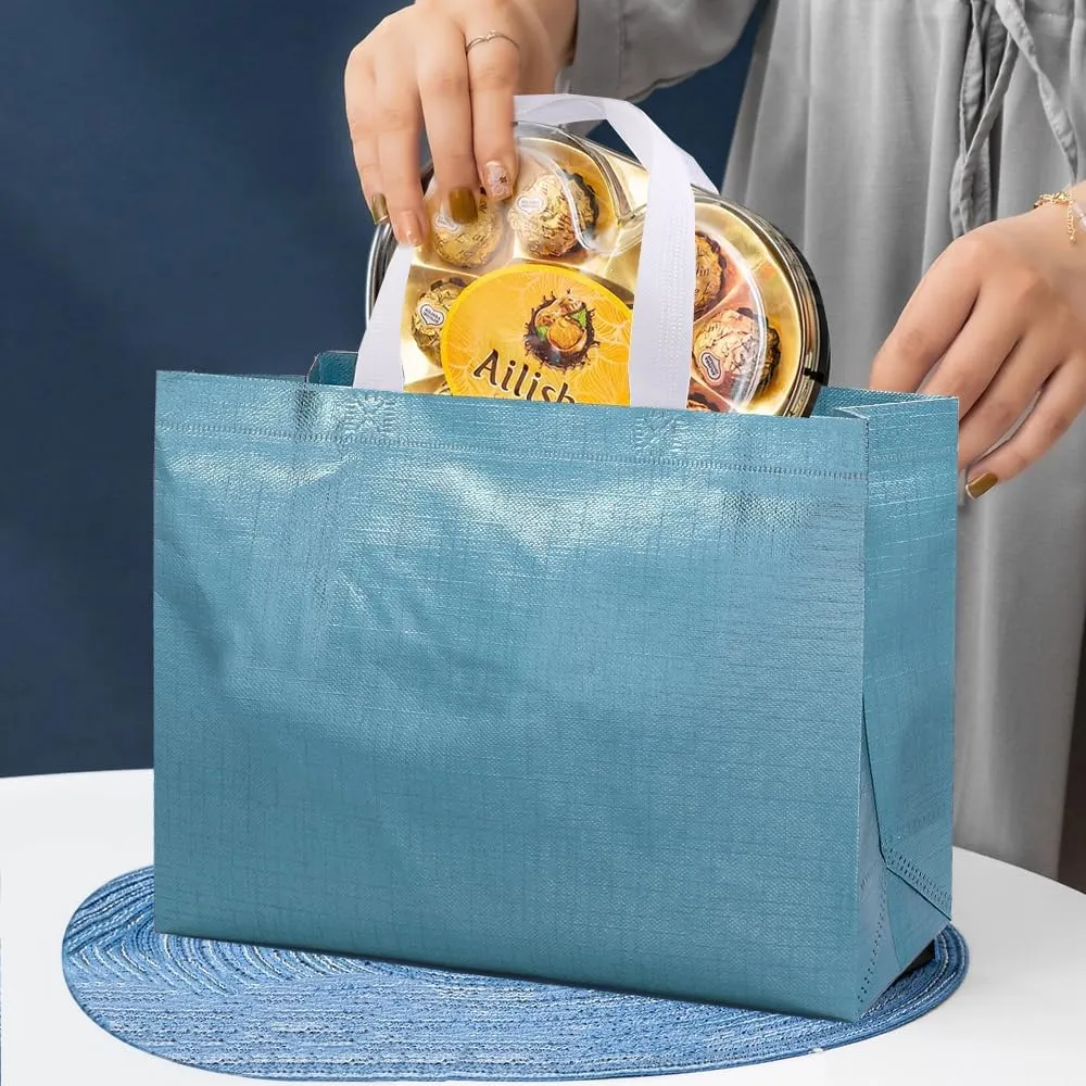 Glossy Big Lake Blue Gift Bags with Handle and Sturdy Base,Shiny Reusable Non-woven Holiday Gift Bags Bulk,20 PCS,15.75 x 4.72 x 11.81 In,for Birthday, Wedding, Party (Lake blue, M)