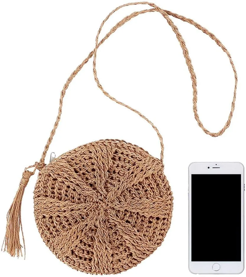 Gogobear Women's Straw Beach Bag Handmade Woven Crossbody Purse with Tassels Summer Vacation Shoulder Handbag