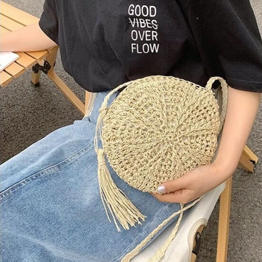 Gogobear Women's Straw Beach Bag Handmade Woven Crossbody Purse with Tassels Summer Vacation Shoulder Handbag