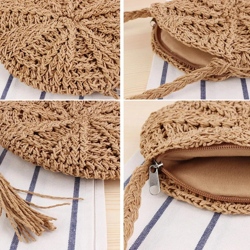 Gogobear Women's Straw Beach Bag Handmade Woven Crossbody Purse with Tassels Summer Vacation Shoulder Handbag