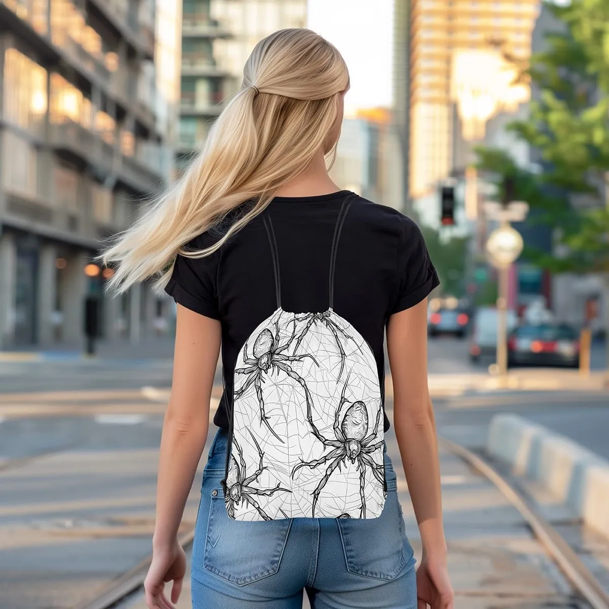 Gothic Spider Drawstring Bags 13x15.7,Hand Drawn Illustration Style Drawstring Backpack Spider Web Cobwebs Draw String Back Bag,Exotic Halloween Decorations String Backpack for Sport Gym