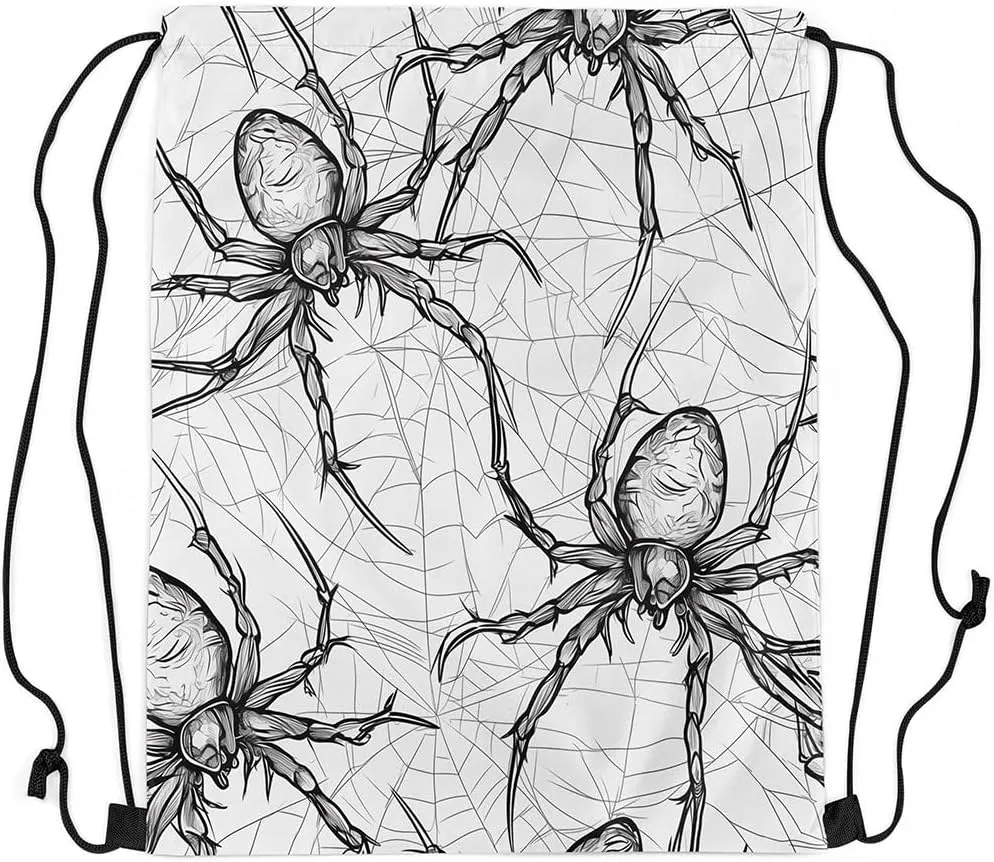 Gothic Spider Drawstring Bags 13x15.7,Hand Drawn Illustration Style Drawstring Backpack Spider Web Cobwebs Draw String Back Bag,Exotic Halloween Decorations String Backpack for Sport Gym