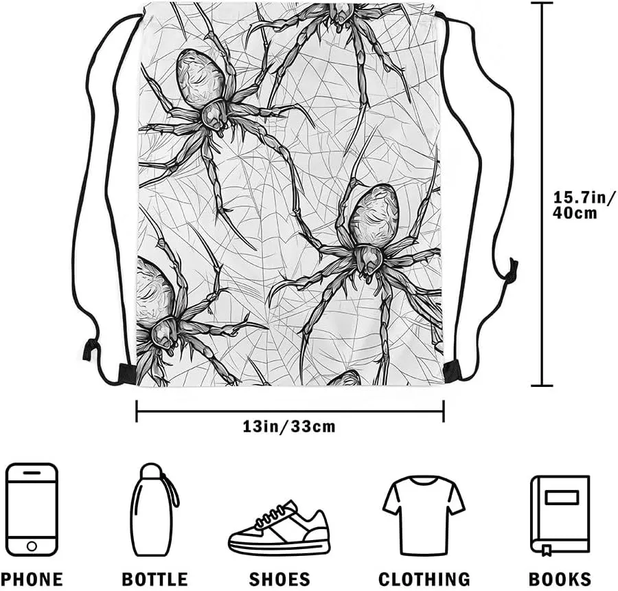 Gothic Spider Drawstring Bags 13x15.7,Hand Drawn Illustration Style Drawstring Backpack Spider Web Cobwebs Draw String Back Bag,Exotic Halloween Decorations String Backpack for Sport Gym