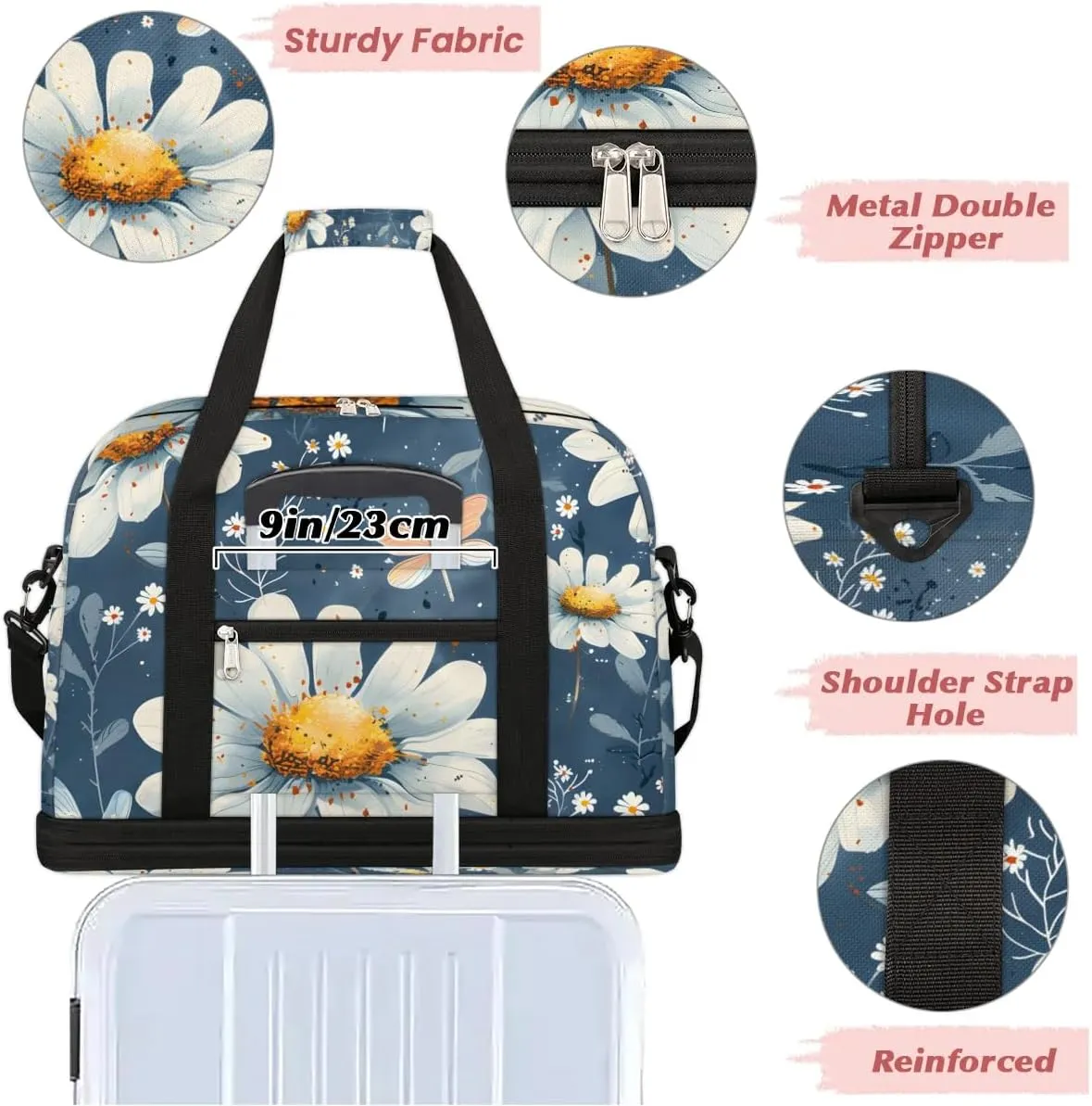 Graceful Daisy Flora Patterns Travel Duffle Bag, Collapsible Travel Bag Sports Gym Bag With Shoes Compartment Weekender Bag Overnight Bag For Women Men