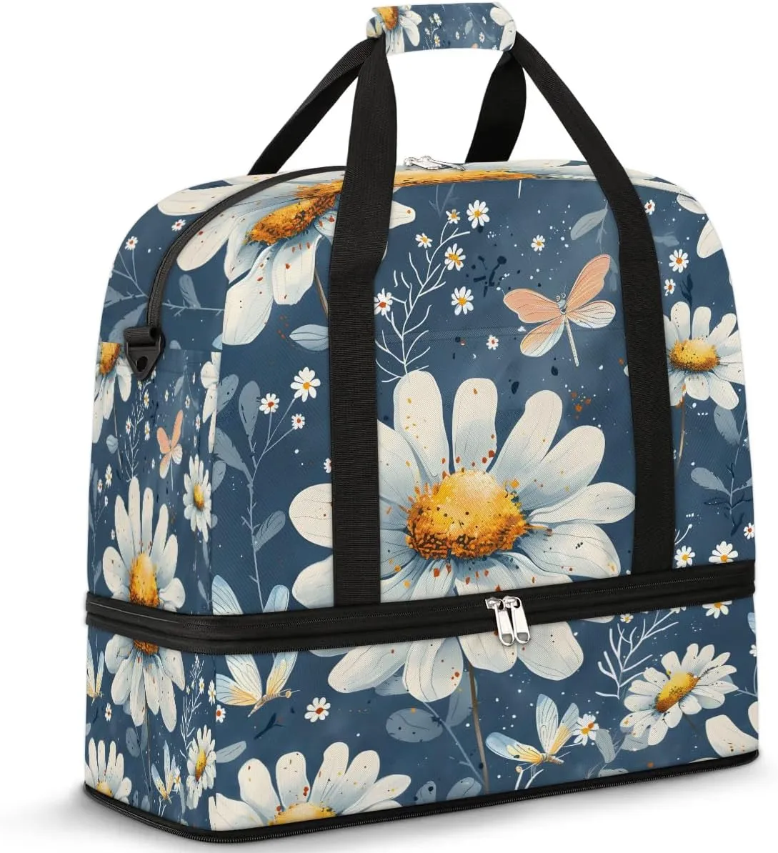 Graceful Daisy Flora Patterns Travel Duffle Bag, Collapsible Travel Bag Sports Gym Bag With Shoes Compartment Weekender Bag Overnight Bag For Women Men