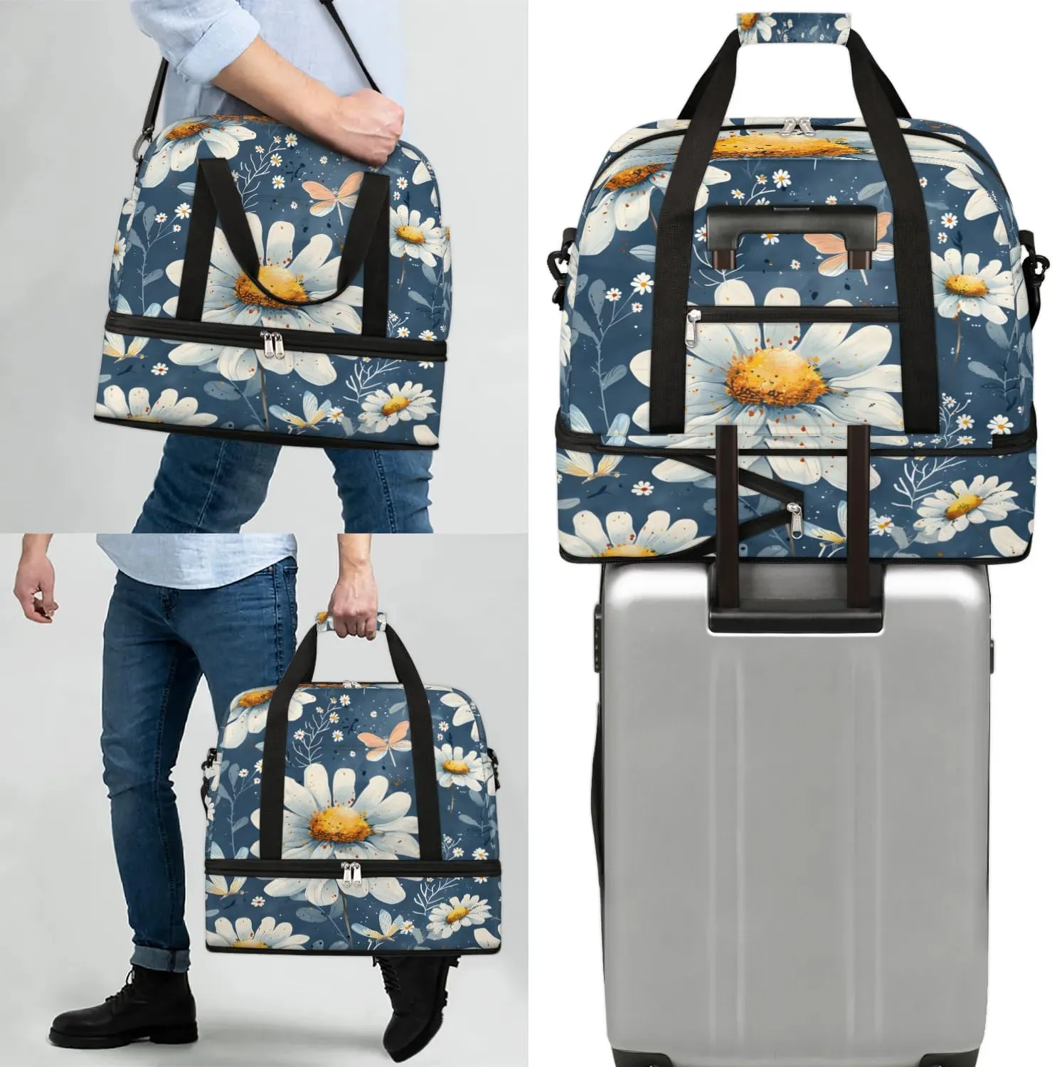 Graceful Daisy Flora Patterns Travel Duffle Bag, Collapsible Travel Bag Sports Gym Bag With Shoes Compartment Weekender Bag Overnight Bag For Women Men