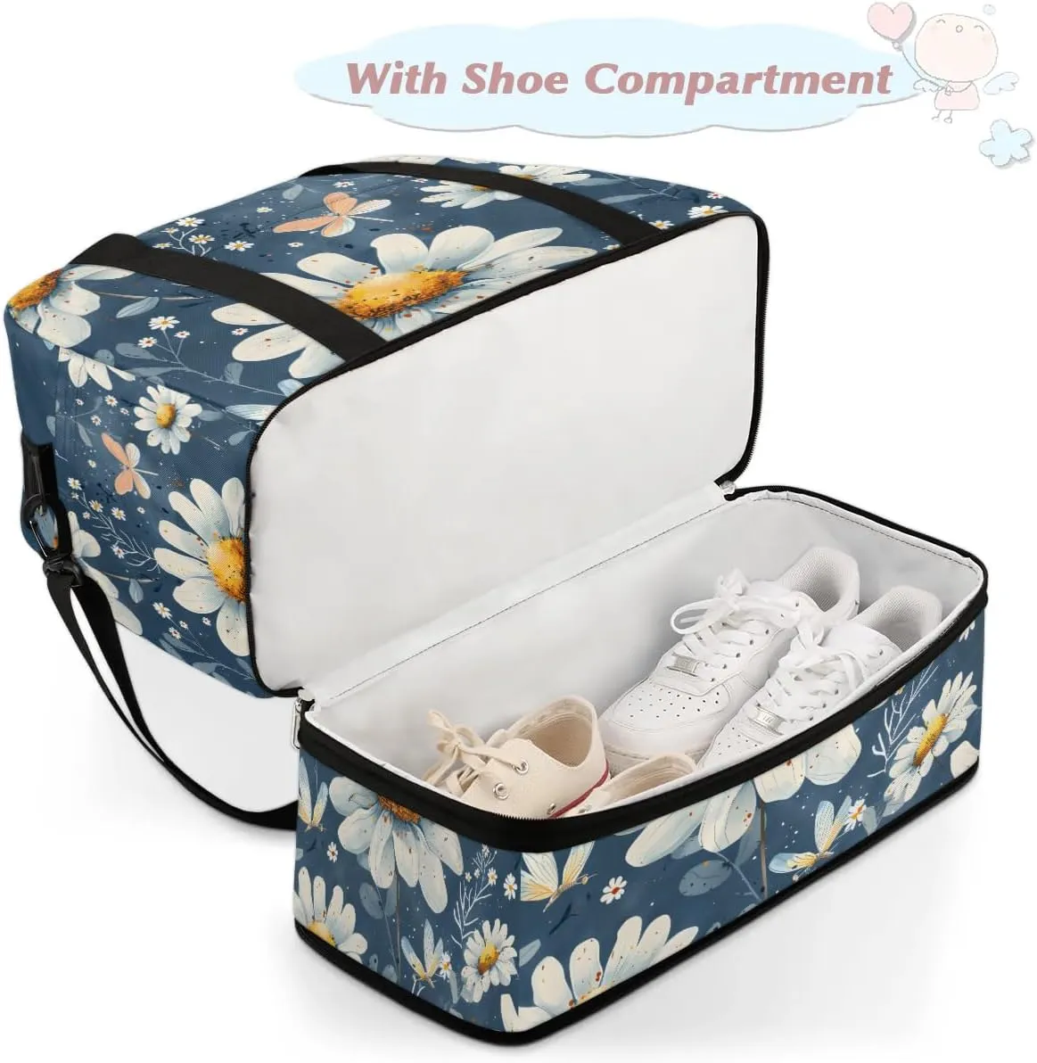 Graceful Daisy Flora Patterns Travel Duffle Bag, Collapsible Travel Bag Sports Gym Bag With Shoes Compartment Weekender Bag Overnight Bag For Women Men