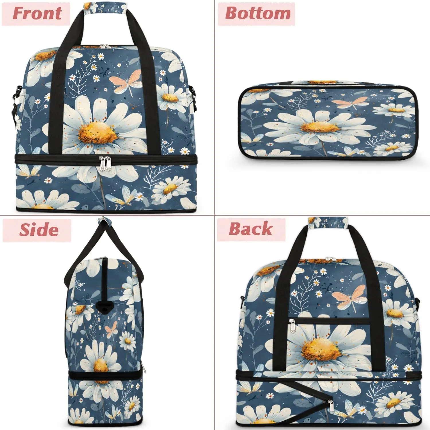 Graceful Daisy Flora Patterns Travel Duffle Bag, Collapsible Travel Bag Sports Gym Bag With Shoes Compartment Weekender Bag Overnight Bag For Women Men
