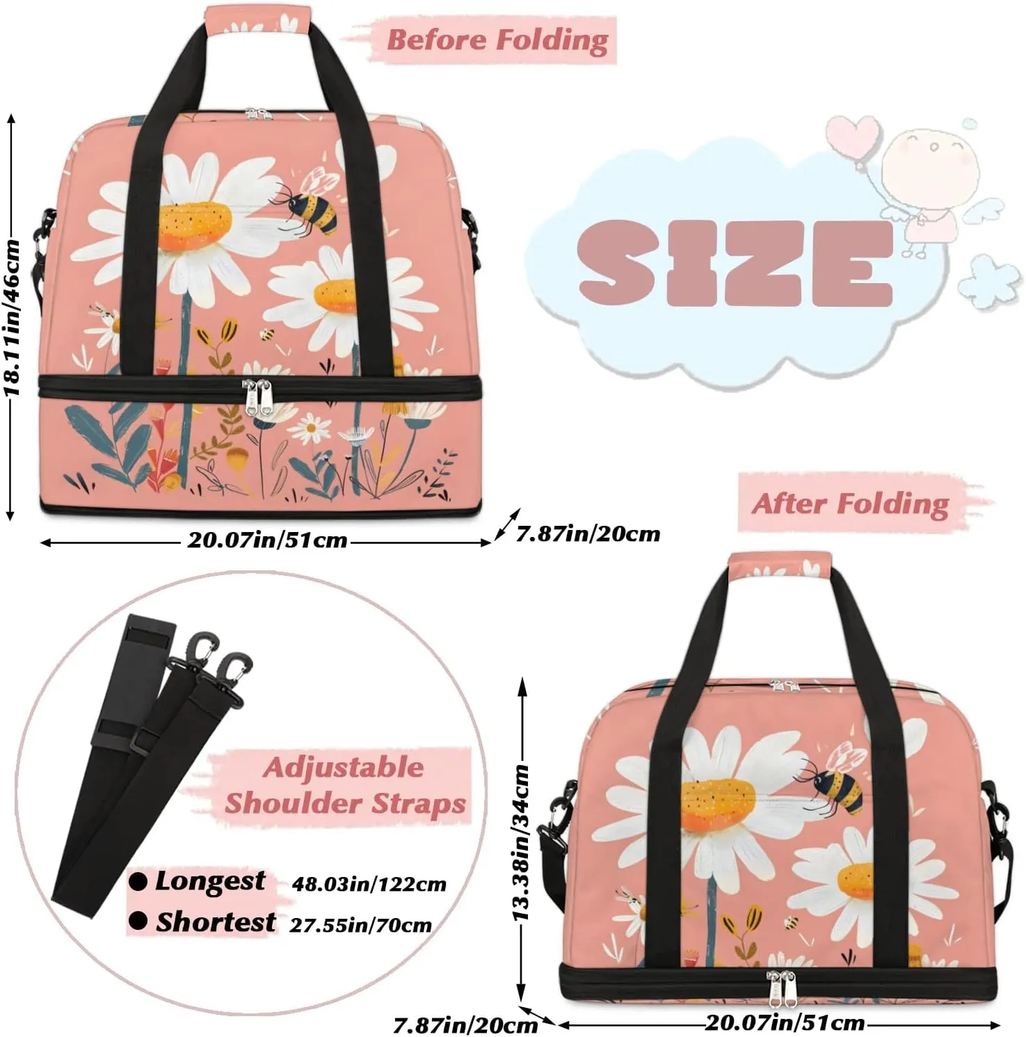 Graceful Daisy Flowers Printings Travel Duffle Bag, Collapsible Travel Bag Sports Gym Bag With Shoes Compartment Weekender Bag Overnight Bag For Women Men