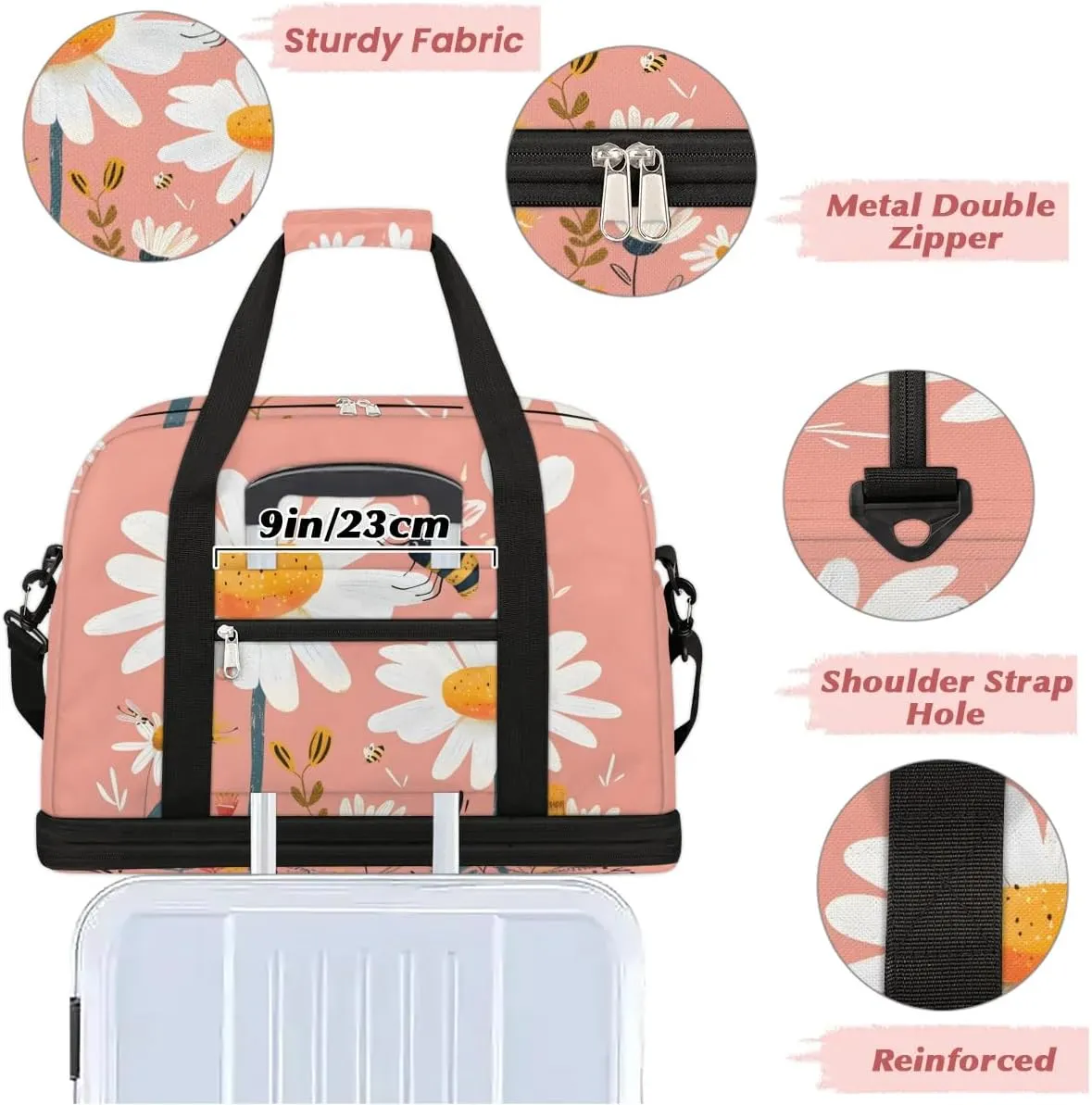 Graceful Daisy Flowers Printings Travel Duffle Bag, Collapsible Travel Bag Sports Gym Bag With Shoes Compartment Weekender Bag Overnight Bag For Women Men