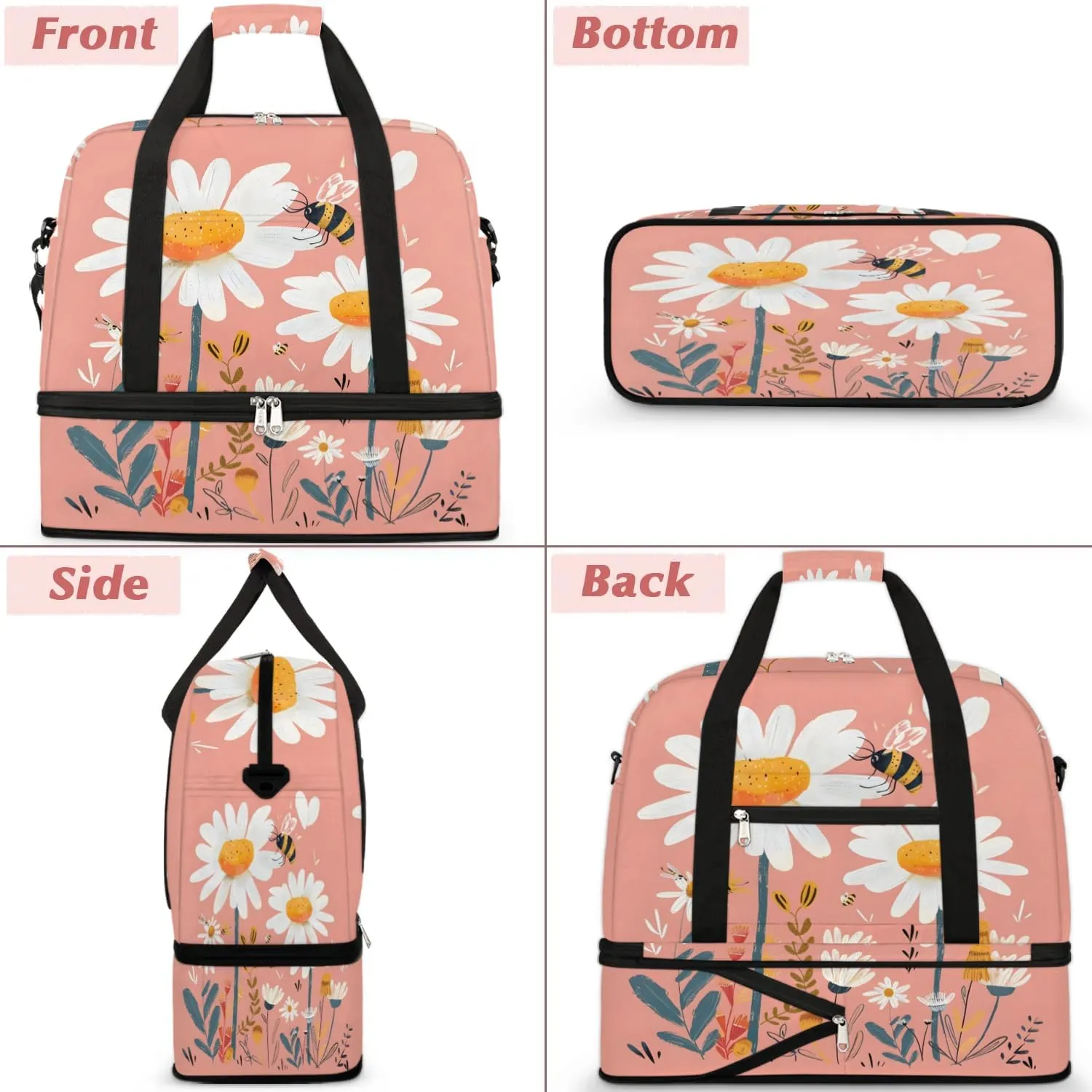 Graceful Daisy Flowers Printings Travel Duffle Bag, Collapsible Travel Bag Sports Gym Bag With Shoes Compartment Weekender Bag Overnight Bag For Women Men