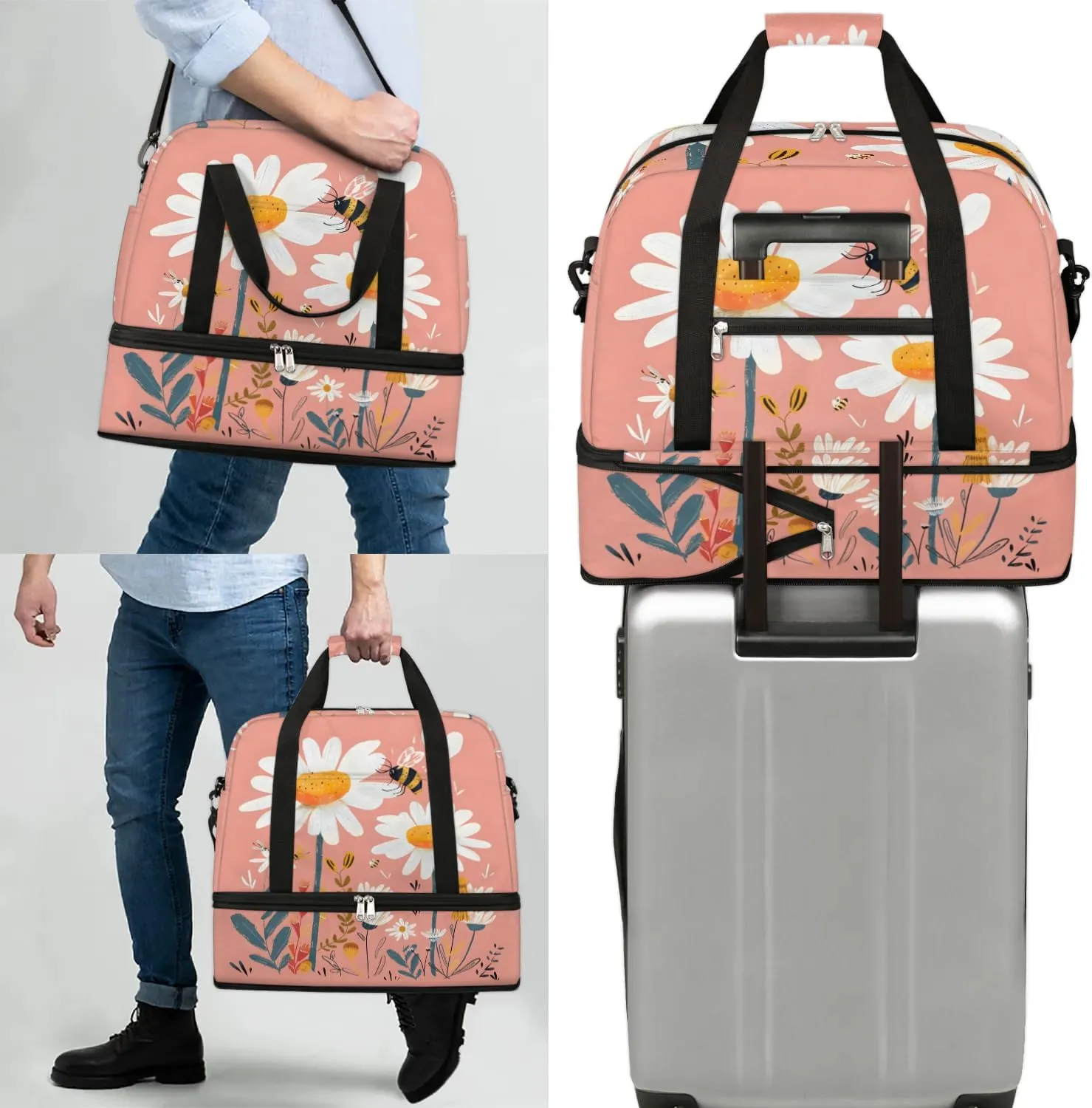 Graceful Daisy Flowers Printings Travel Duffle Bag, Collapsible Travel Bag Sports Gym Bag With Shoes Compartment Weekender Bag Overnight Bag For Women Men