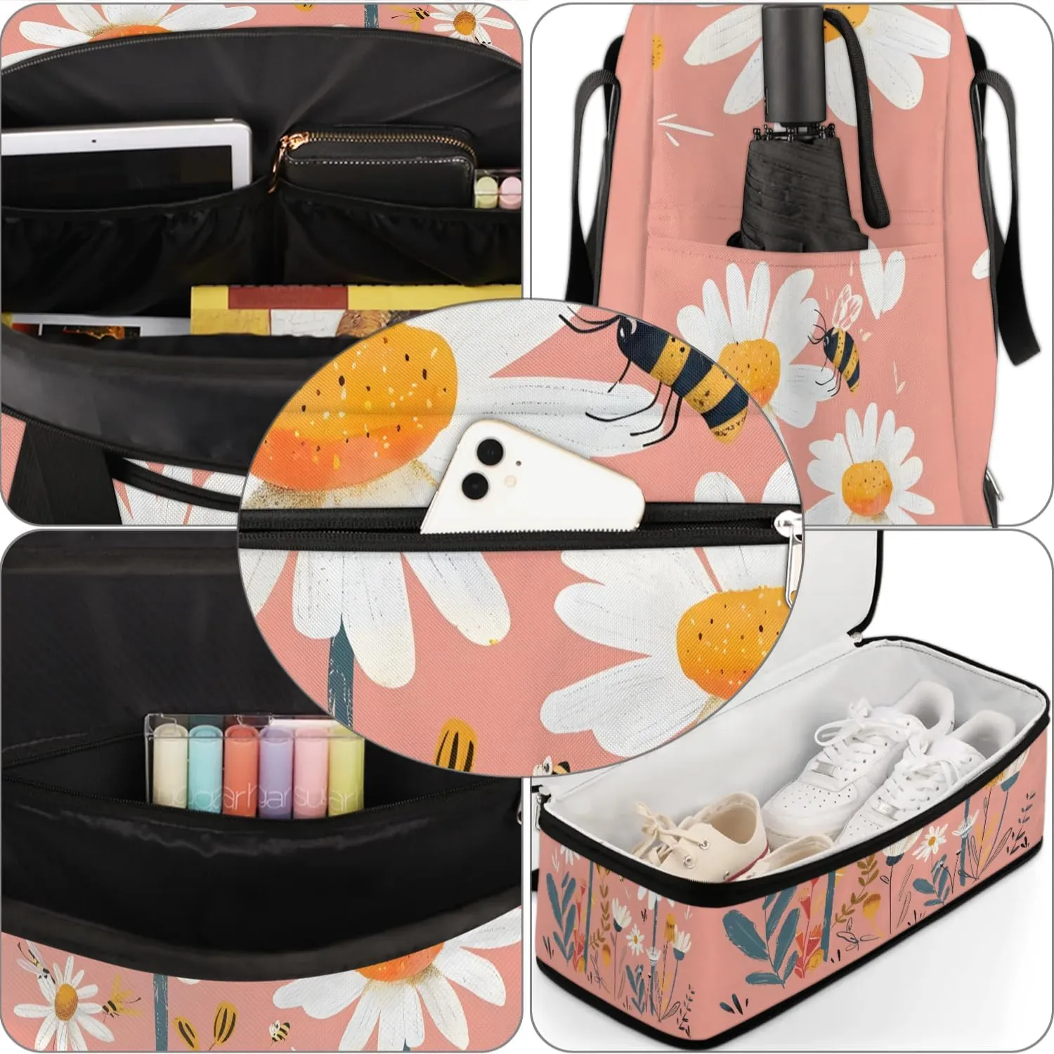 Graceful Daisy Flowers Printings Travel Duffle Bag, Collapsible Travel Bag Sports Gym Bag With Shoes Compartment Weekender Bag Overnight Bag For Women Men