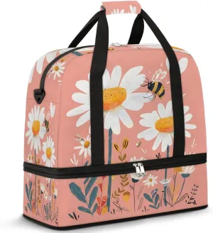 Graceful Daisy Flowers Printings Travel Duffle Bag, Collapsible Travel Bag Sports Gym Bag With Shoes Compartment Weekender Bag Overnight Bag For Women Men