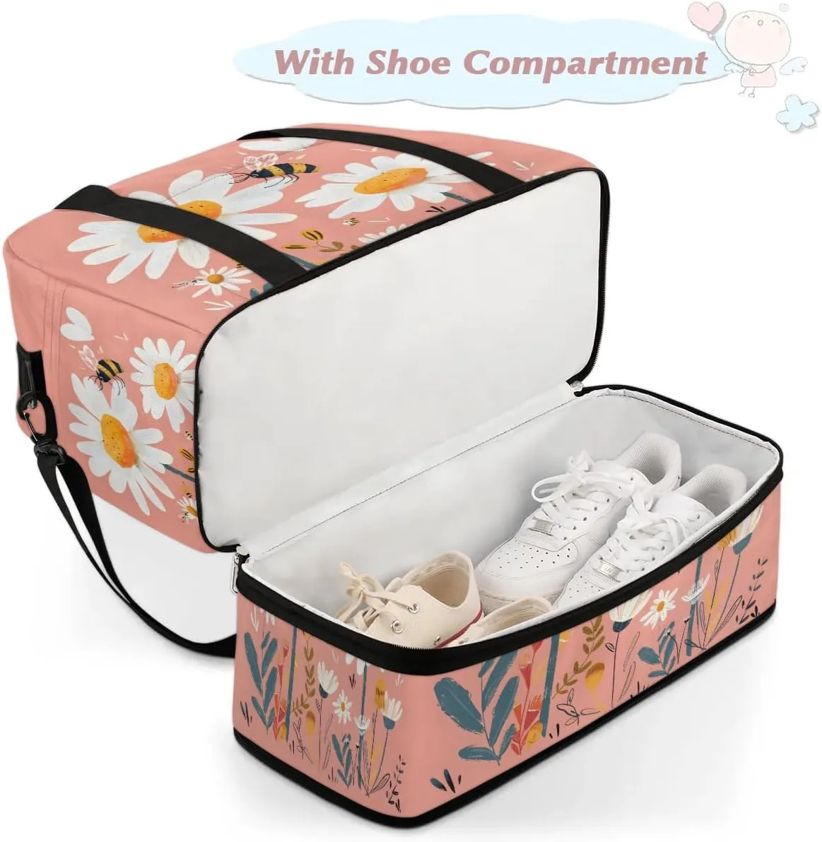 Graceful Daisy Flowers Printings Travel Duffle Bag, Collapsible Travel Bag Sports Gym Bag With Shoes Compartment Weekender Bag Overnight Bag For Women Men