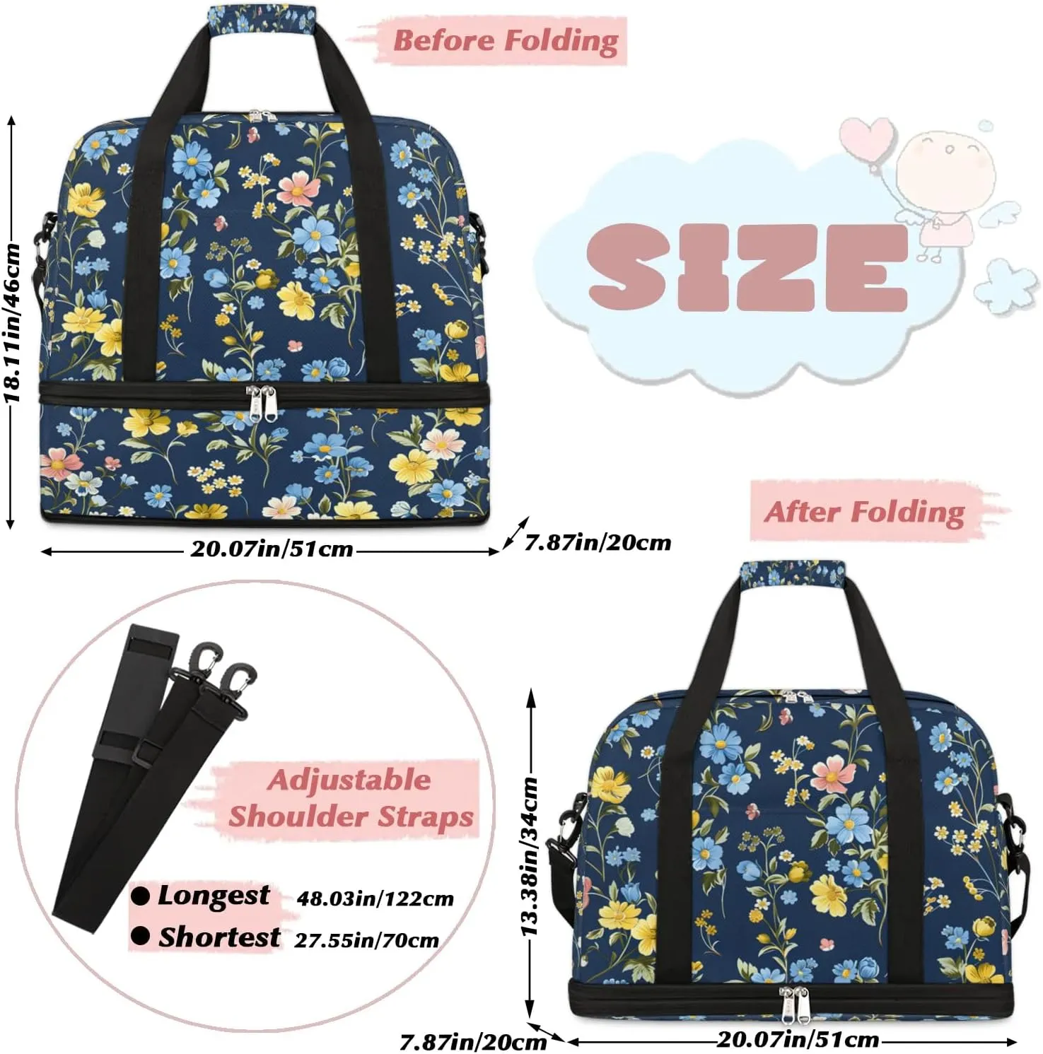 Graceful Flora Beautiful Pattern Travel Duffle Bag, Collapsible Travel Bag Sports Gym Bag With Shoes Compartment Weekender Bag Overnight Bag For Women Men