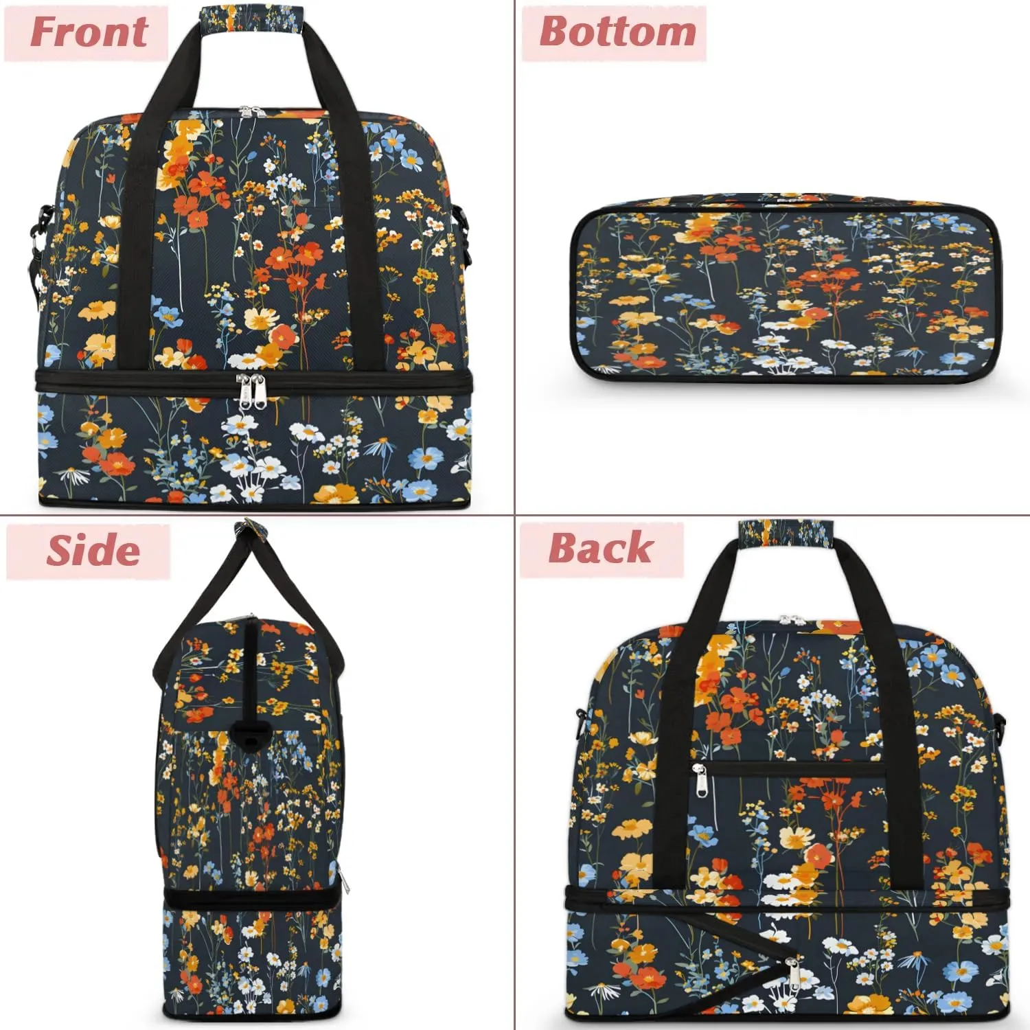 Graceful Flora Beautiful Patterns Travel Duffle Bag, Collapsible Travel Bag Sports Gym Bag With Shoes Compartment Weekender Bag Overnight Bag For Women Men