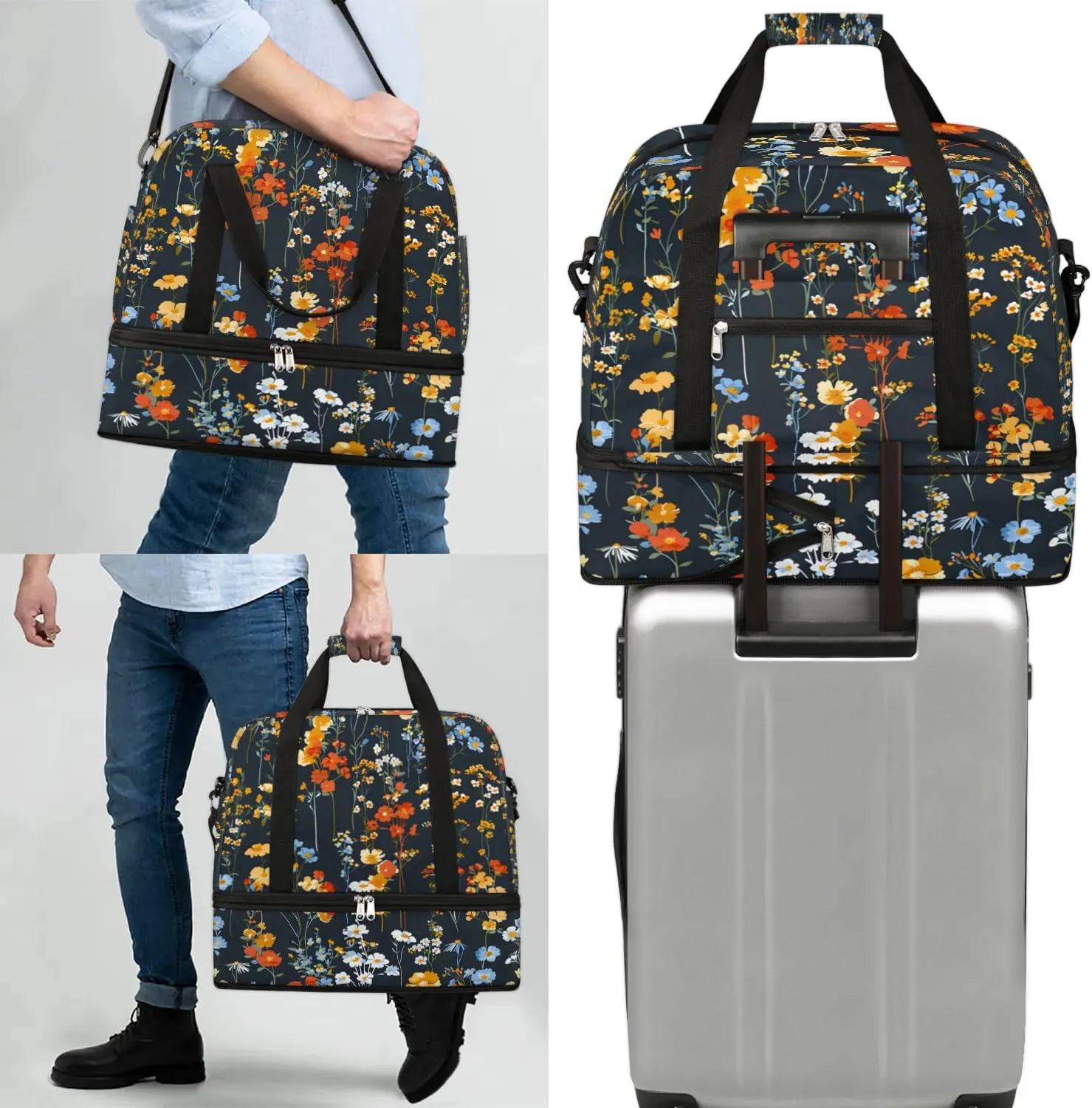 Graceful Flora Beautiful Patterns Travel Duffle Bag, Collapsible Travel Bag Sports Gym Bag With Shoes Compartment Weekender Bag Overnight Bag For Women Men