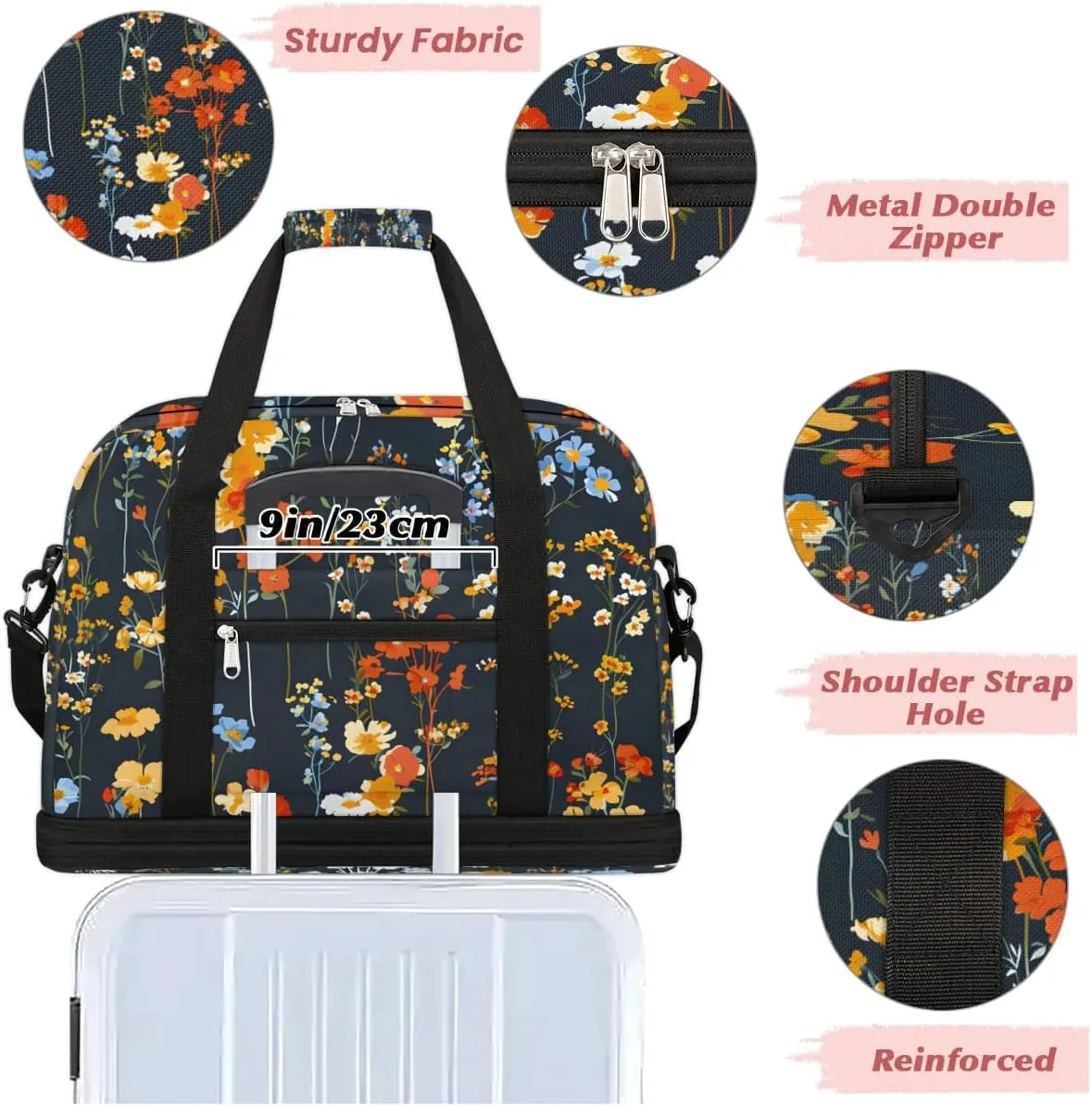 Graceful Flora Beautiful Patterns Travel Duffle Bag, Collapsible Travel Bag Sports Gym Bag With Shoes Compartment Weekender Bag Overnight Bag For Women Men