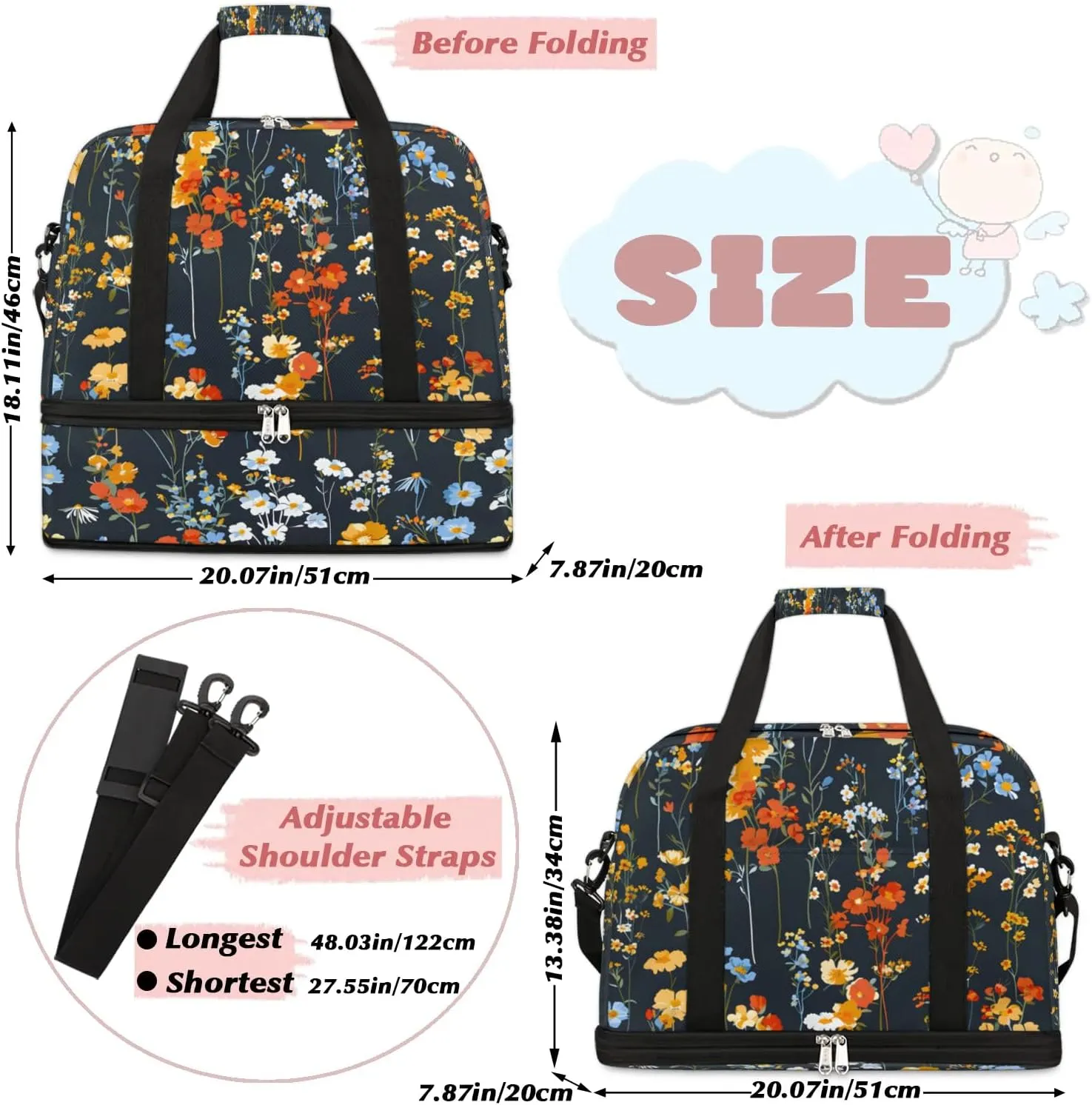 Graceful Flora Beautiful Patterns Travel Duffle Bag, Collapsible Travel Bag Sports Gym Bag With Shoes Compartment Weekender Bag Overnight Bag For Women Men