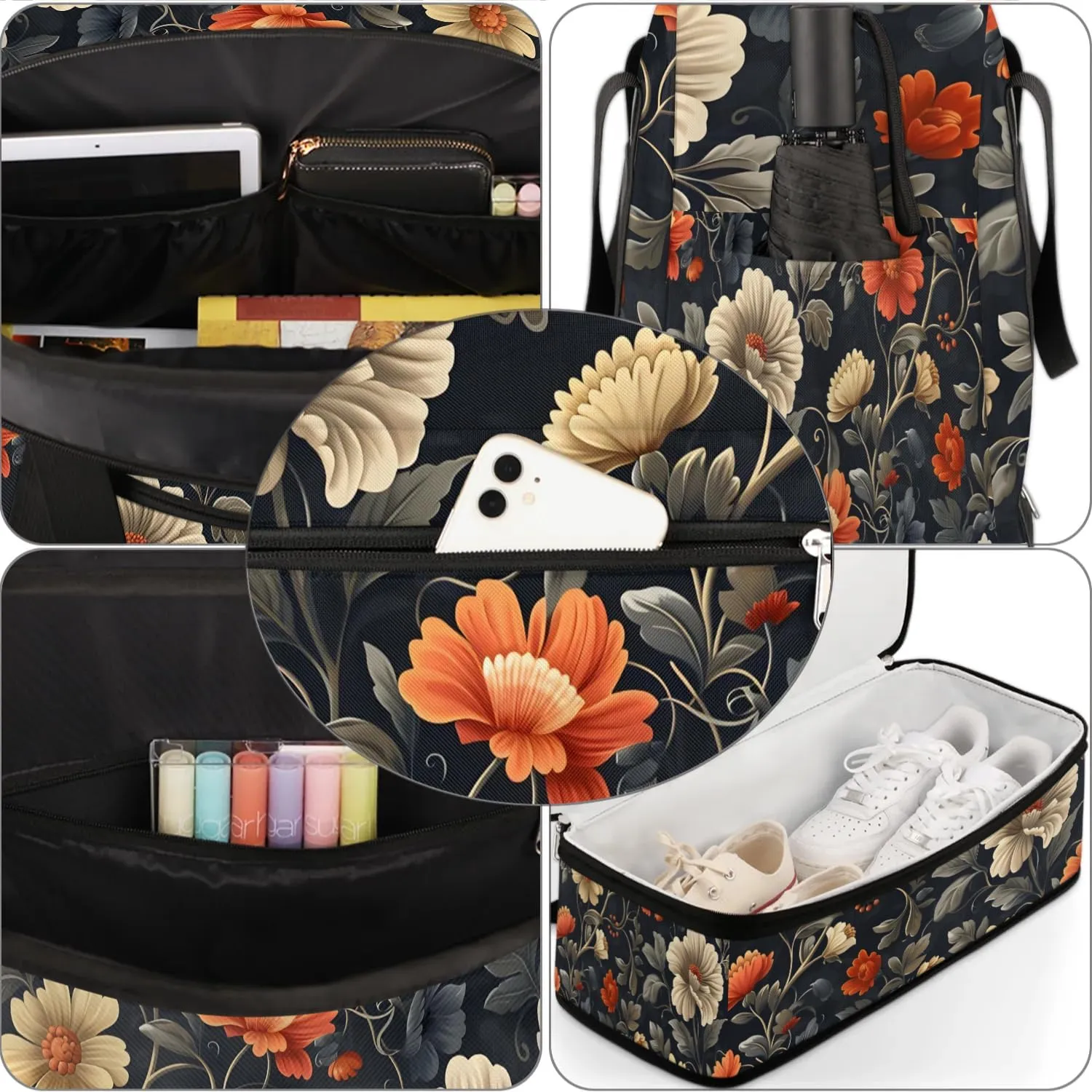 Graceful Flora Beautiful Print Travel Duffle Bag, Collapsible Travel Bag Sports Gym Bag With Shoes Compartment Weekender Bag Overnight Bag For Women Men