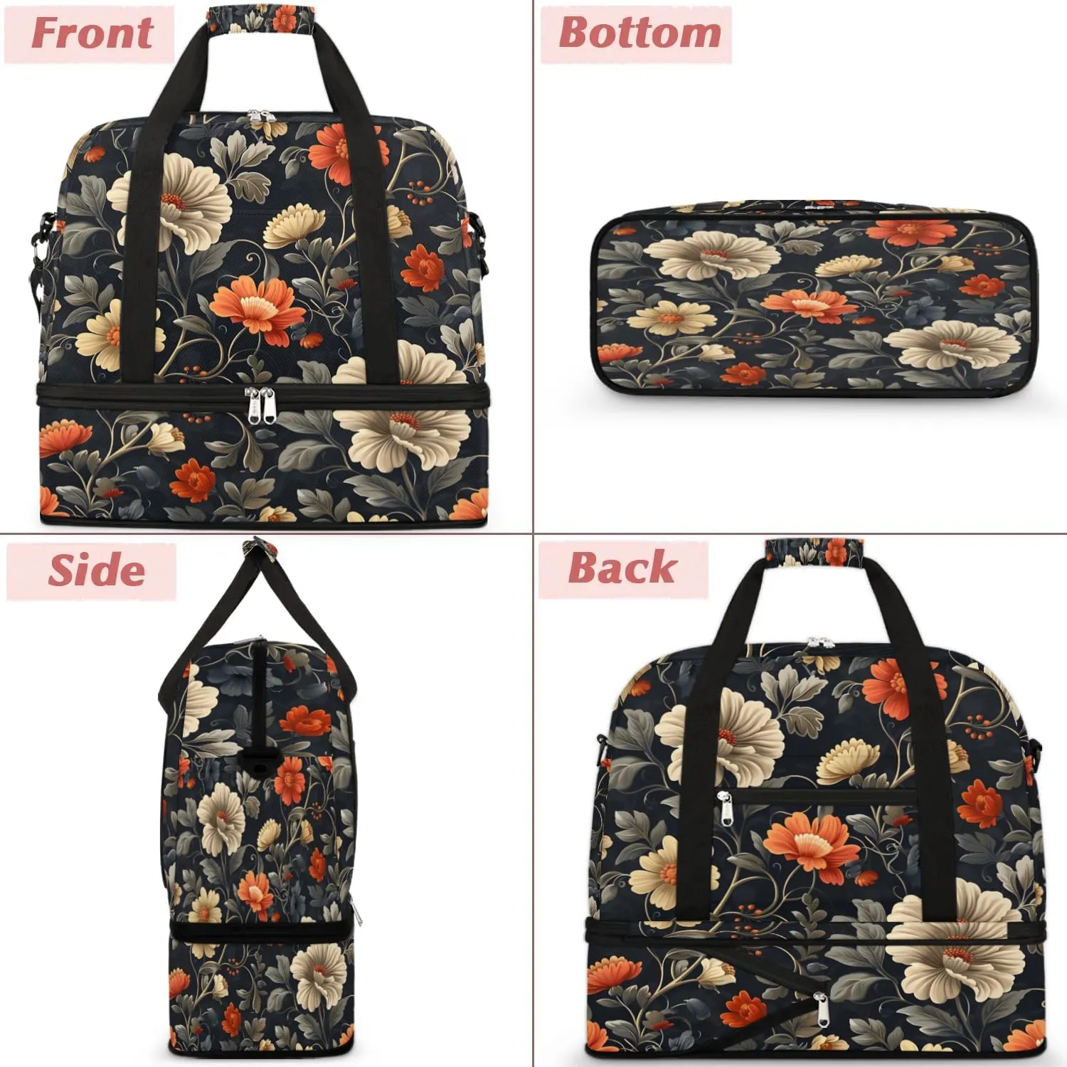 Graceful Flora Beautiful Print Travel Duffle Bag, Collapsible Travel Bag Sports Gym Bag With Shoes Compartment Weekender Bag Overnight Bag For Women Men