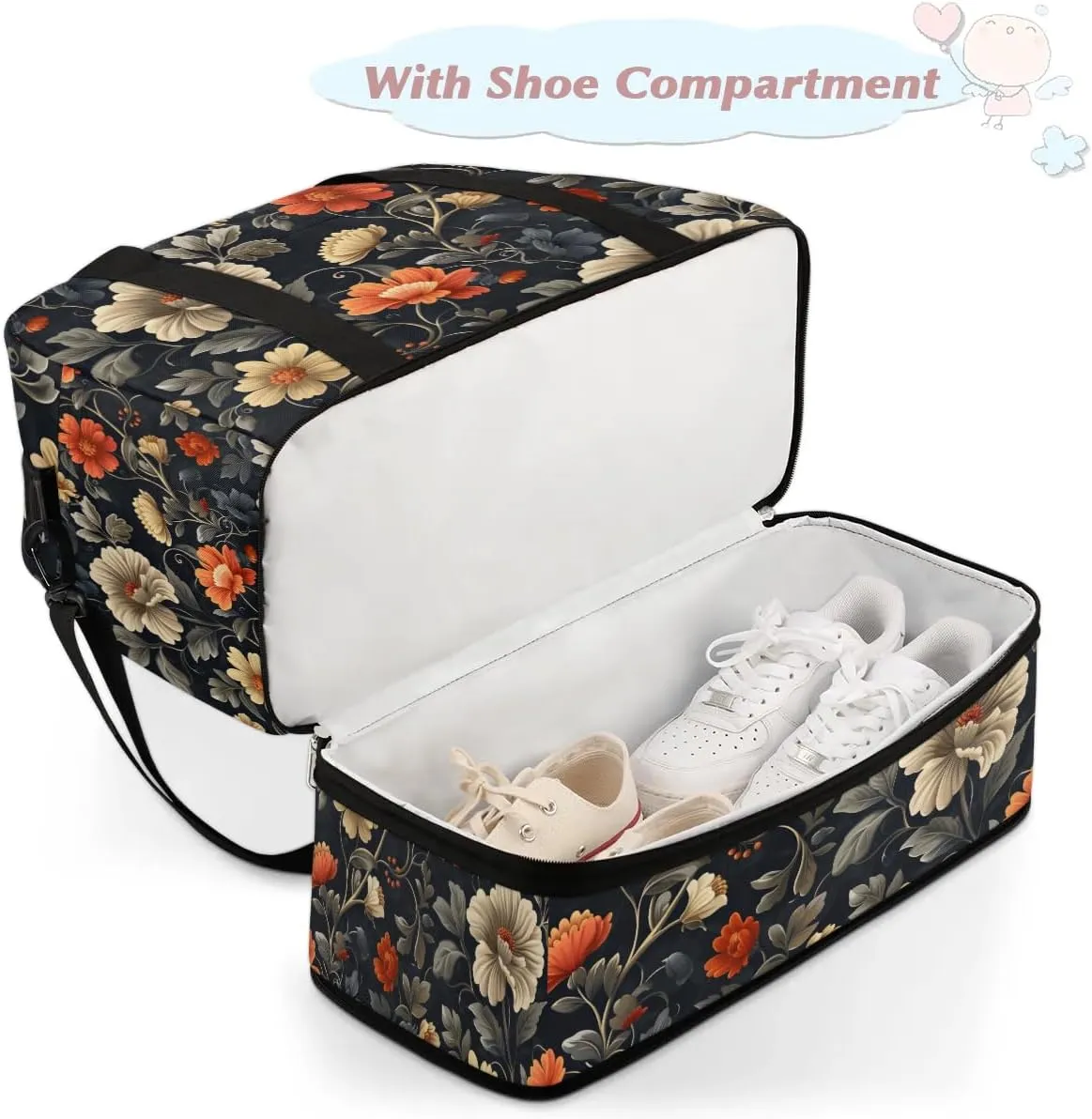 Graceful Flora Beautiful Print Travel Duffle Bag, Collapsible Travel Bag Sports Gym Bag With Shoes Compartment Weekender Bag Overnight Bag For Women Men