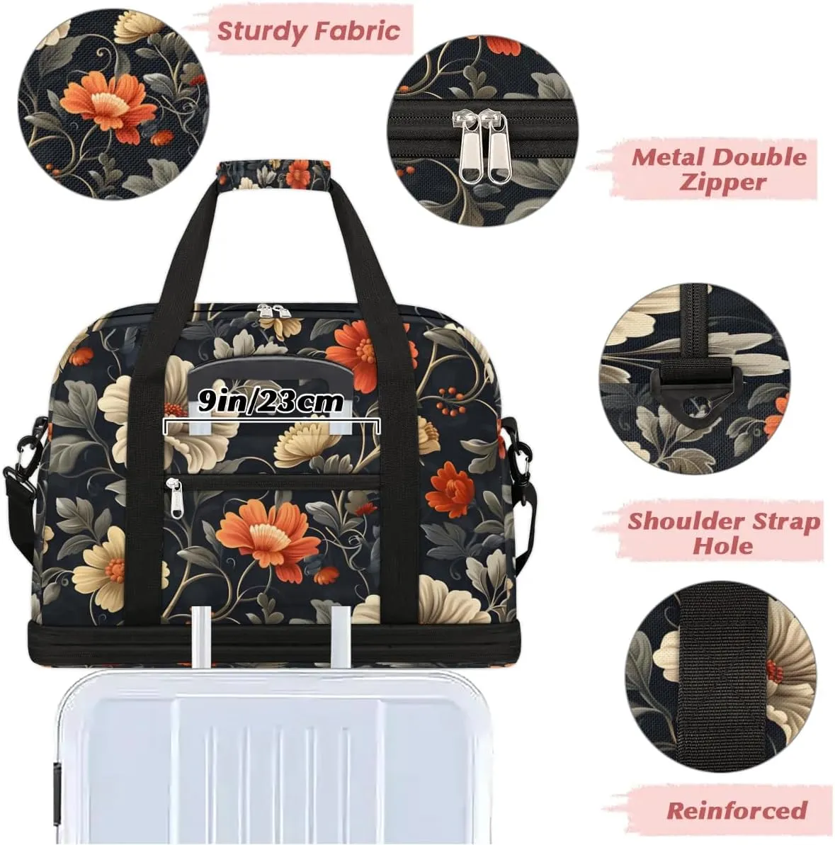Graceful Flora Beautiful Print Travel Duffle Bag, Collapsible Travel Bag Sports Gym Bag With Shoes Compartment Weekender Bag Overnight Bag For Women Men