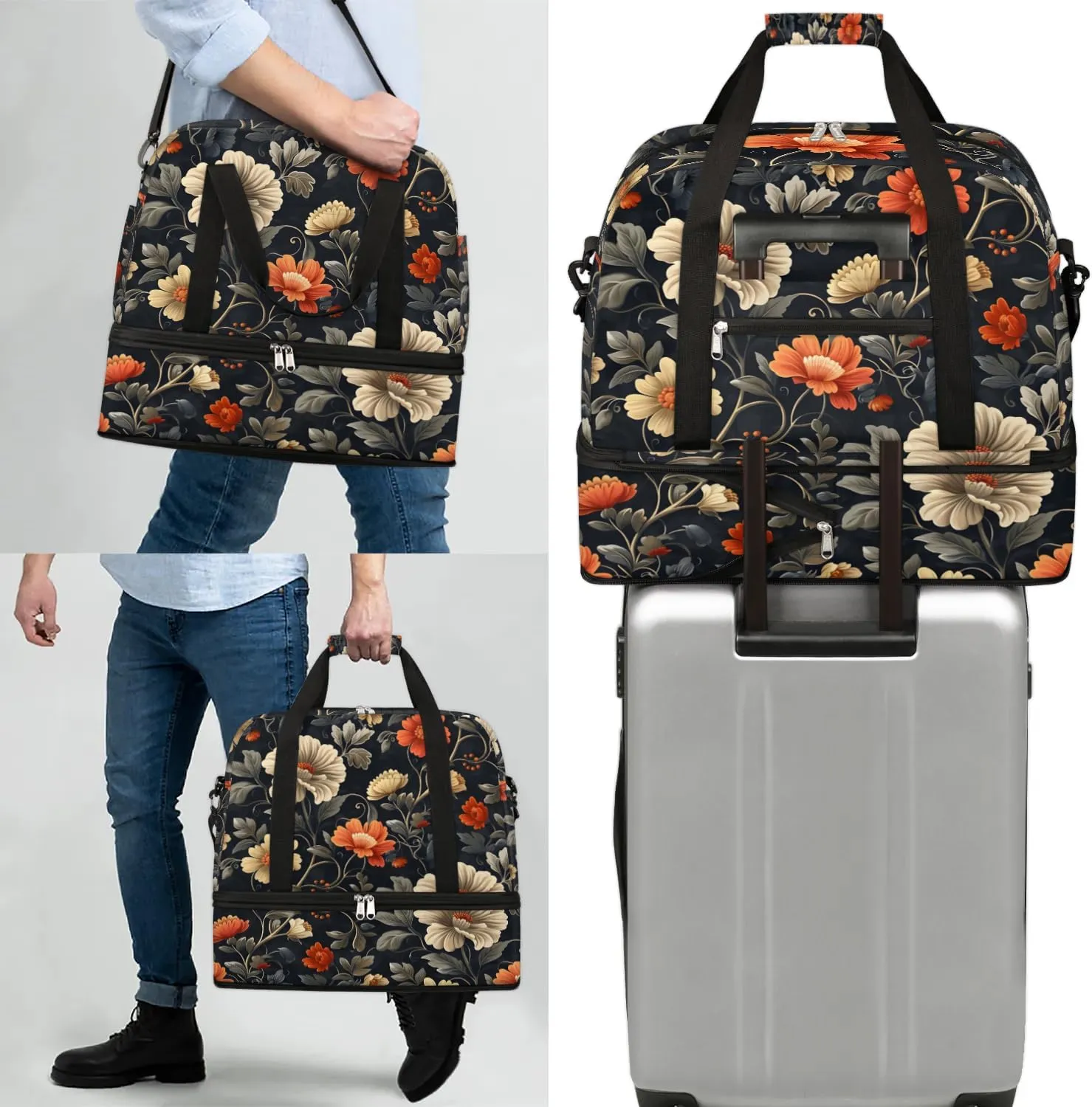 Graceful Flora Beautiful Print Travel Duffle Bag, Collapsible Travel Bag Sports Gym Bag With Shoes Compartment Weekender Bag Overnight Bag For Women Men