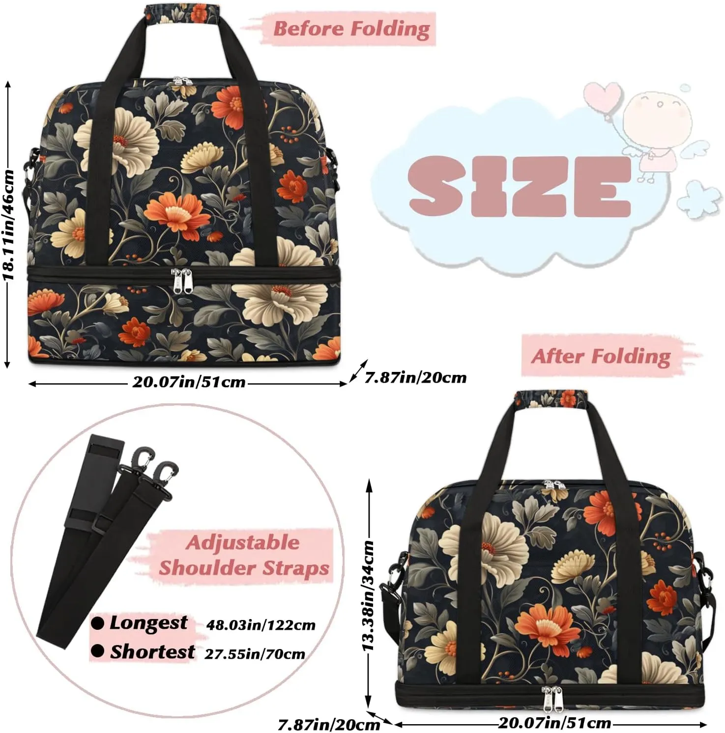Graceful Flora Beautiful Print Travel Duffle Bag, Collapsible Travel Bag Sports Gym Bag With Shoes Compartment Weekender Bag Overnight Bag For Women Men