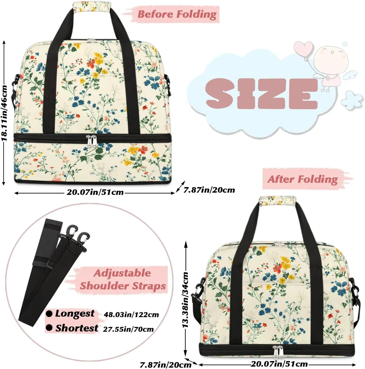 Graceful Flora Beautiful Printing Travel Duffle Bag, Collapsible Travel Bag Sports Gym Bag With Shoes Compartment Weekender Bag Overnight Bag For Women Men