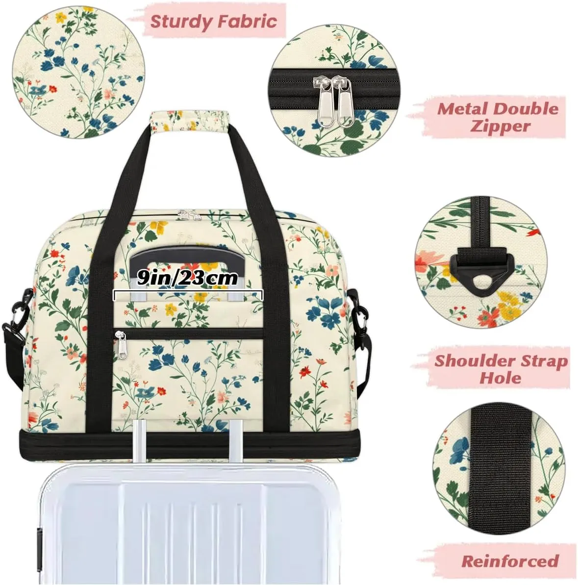 Graceful Flora Beautiful Printing Travel Duffle Bag, Collapsible Travel Bag Sports Gym Bag With Shoes Compartment Weekender Bag Overnight Bag For Women Men