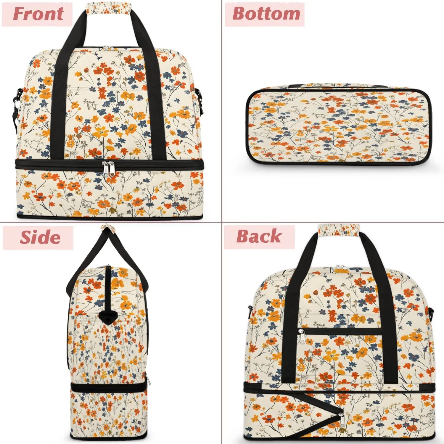 Graceful Flora Beautiful Printings Travel Duffle Bag, Collapsible Travel Bag Sports Gym Bag With Shoes Compartment Weekender Bag Overnight Bag For Women Men