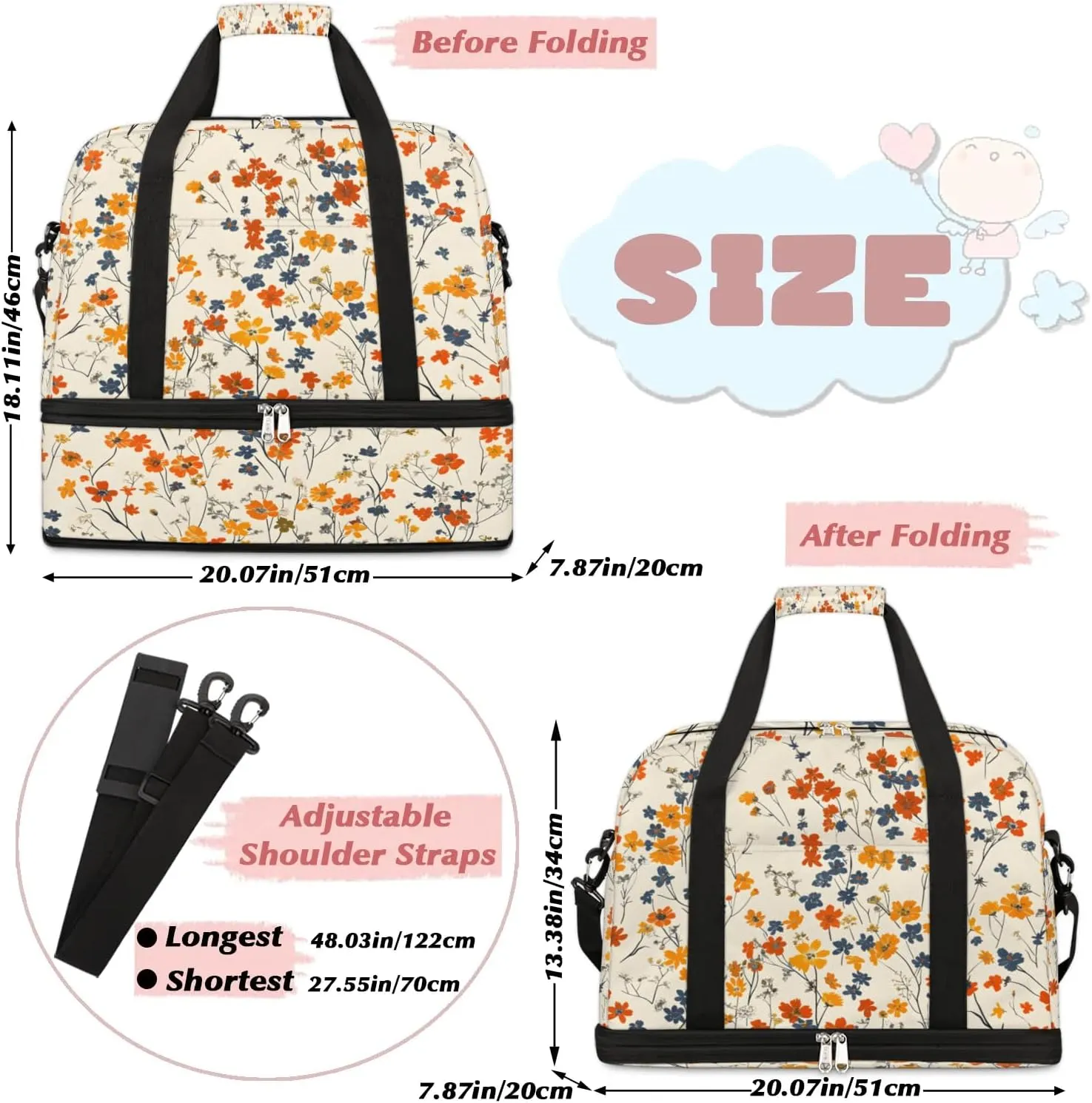 Graceful Flora Beautiful Printings Travel Duffle Bag, Collapsible Travel Bag Sports Gym Bag With Shoes Compartment Weekender Bag Overnight Bag For Women Men