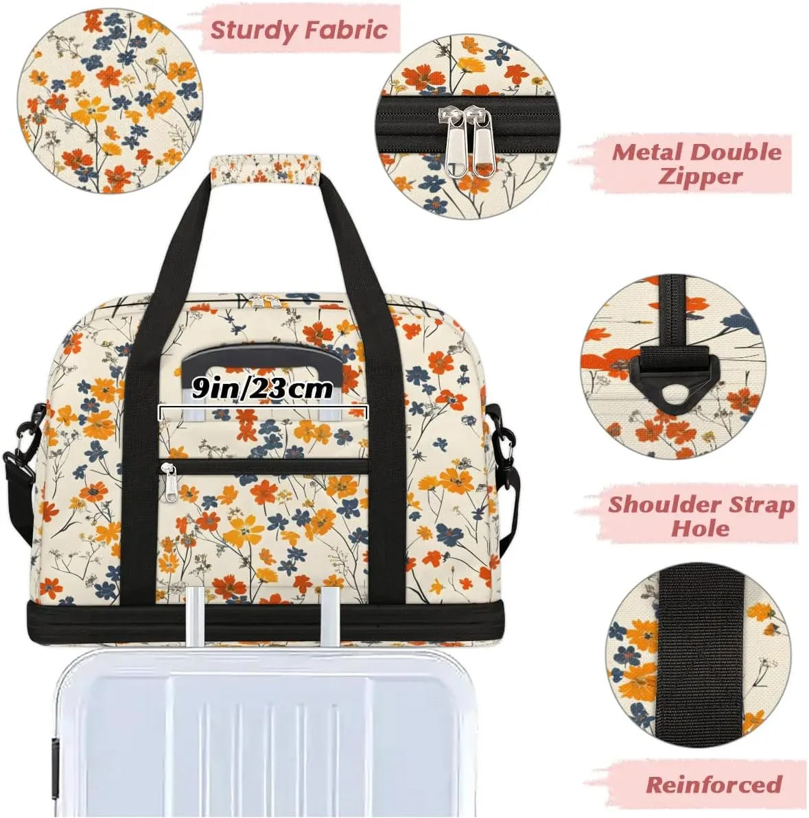 Graceful Flora Beautiful Printings Travel Duffle Bag, Collapsible Travel Bag Sports Gym Bag With Shoes Compartment Weekender Bag Overnight Bag For Women Men